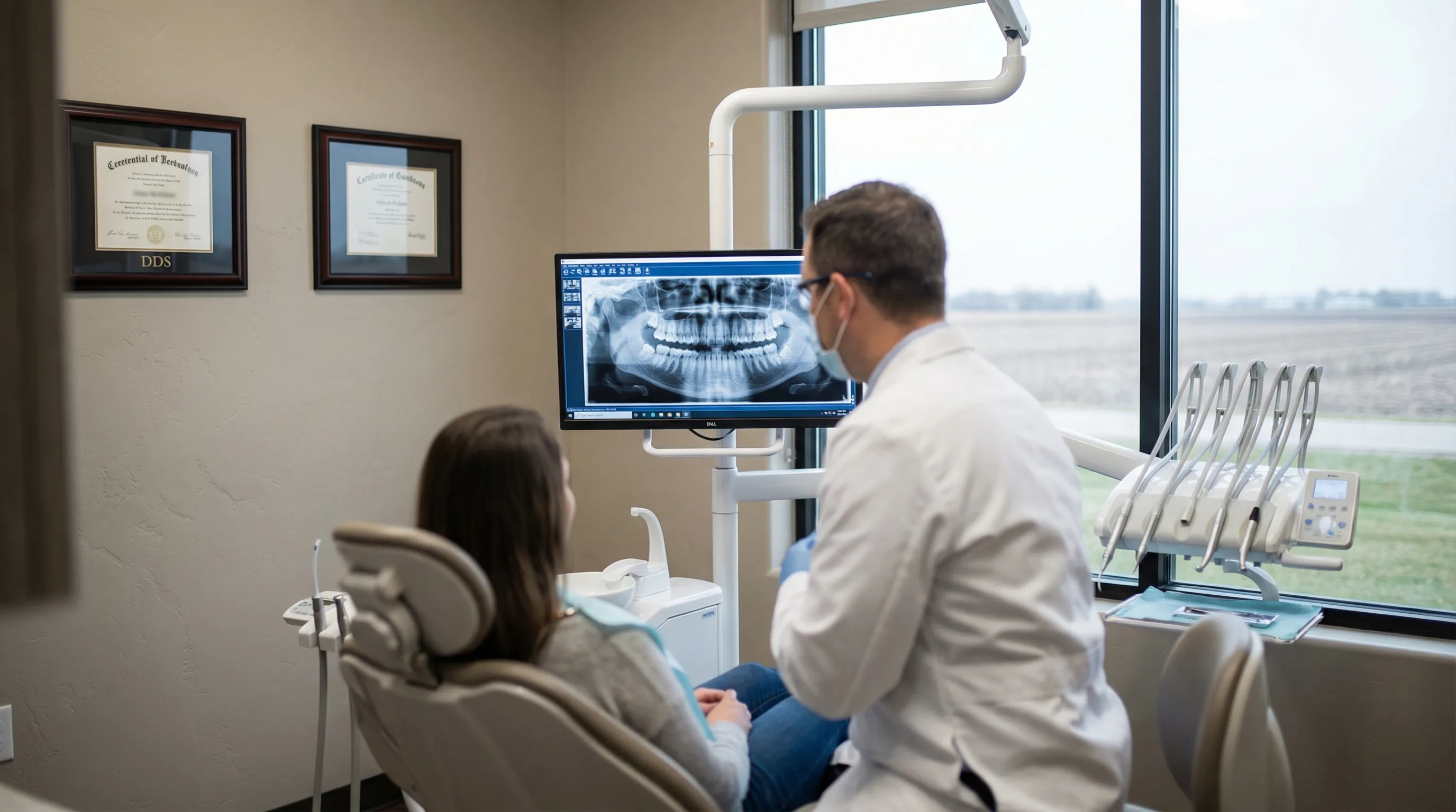 Professional dental consultation room at a Modesto, CA family dental practice with modern equipment and patient chair