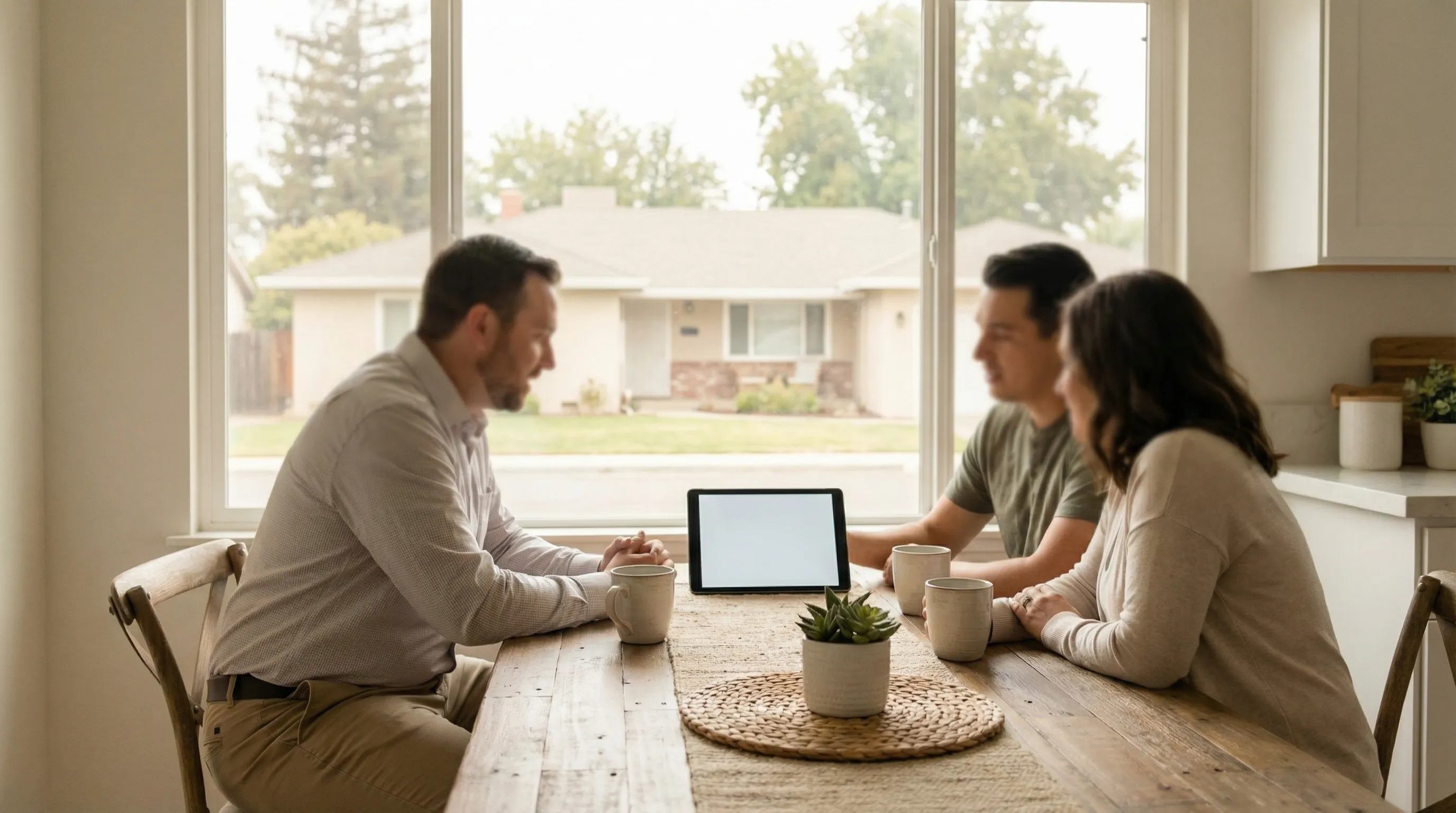 Real estate agent reviewing property listings with clients at kitchen table in a Modesto, CA home