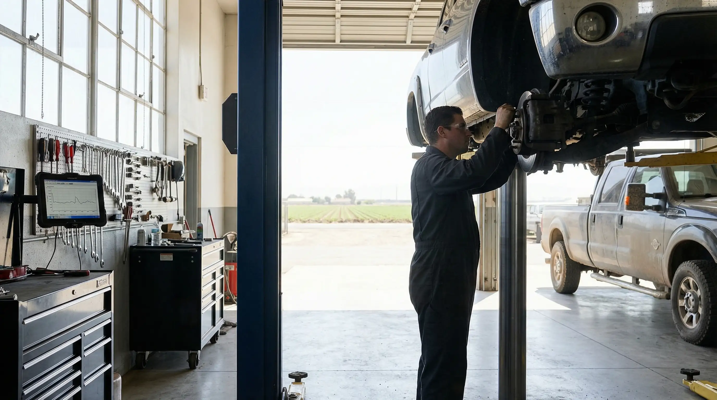 Independent auto mechanic performing brake inspection on lifted vehicle in a clean Modesto, CA repair shop