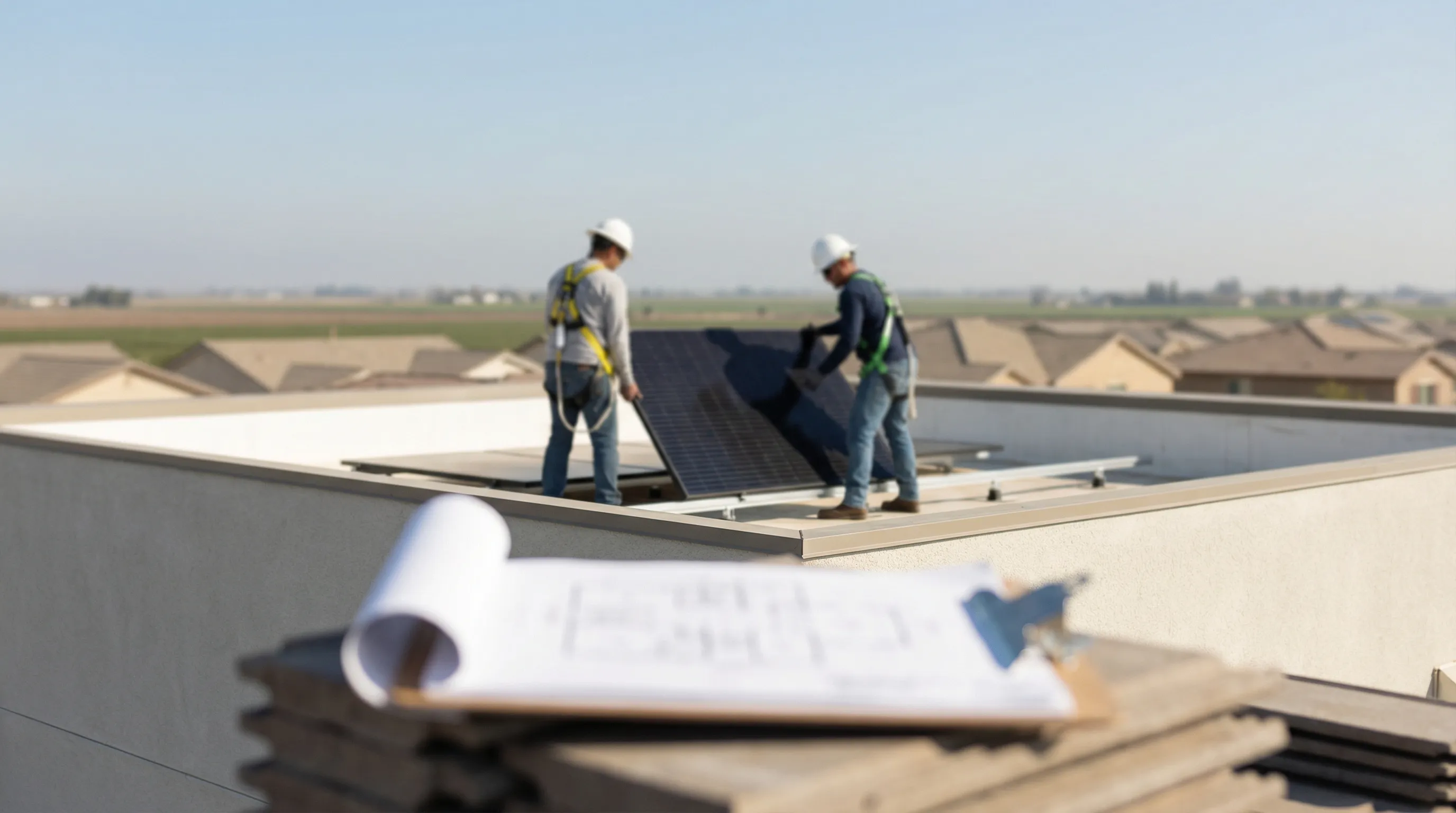 Solar installation crew placing panels on a residential rooftop in Modesto, CA with San Joaquin Valley sky in the background