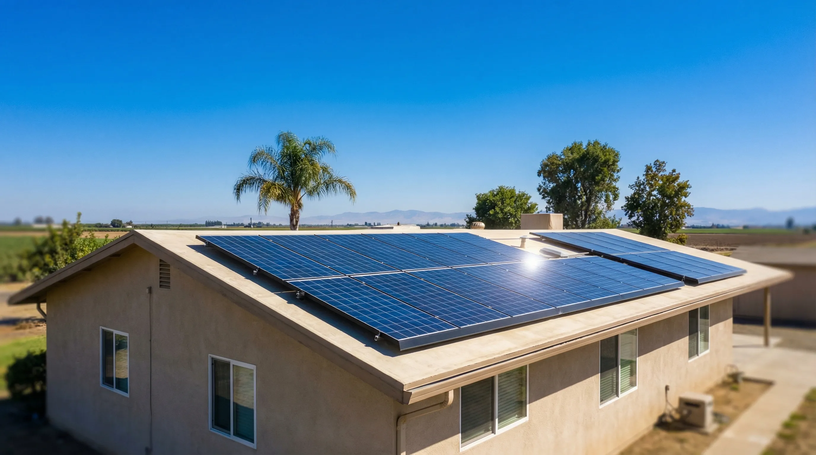 Solar installation crew placing panels on a residential rooftop in Modesto, CA with San Joaquin Valley sky in the background