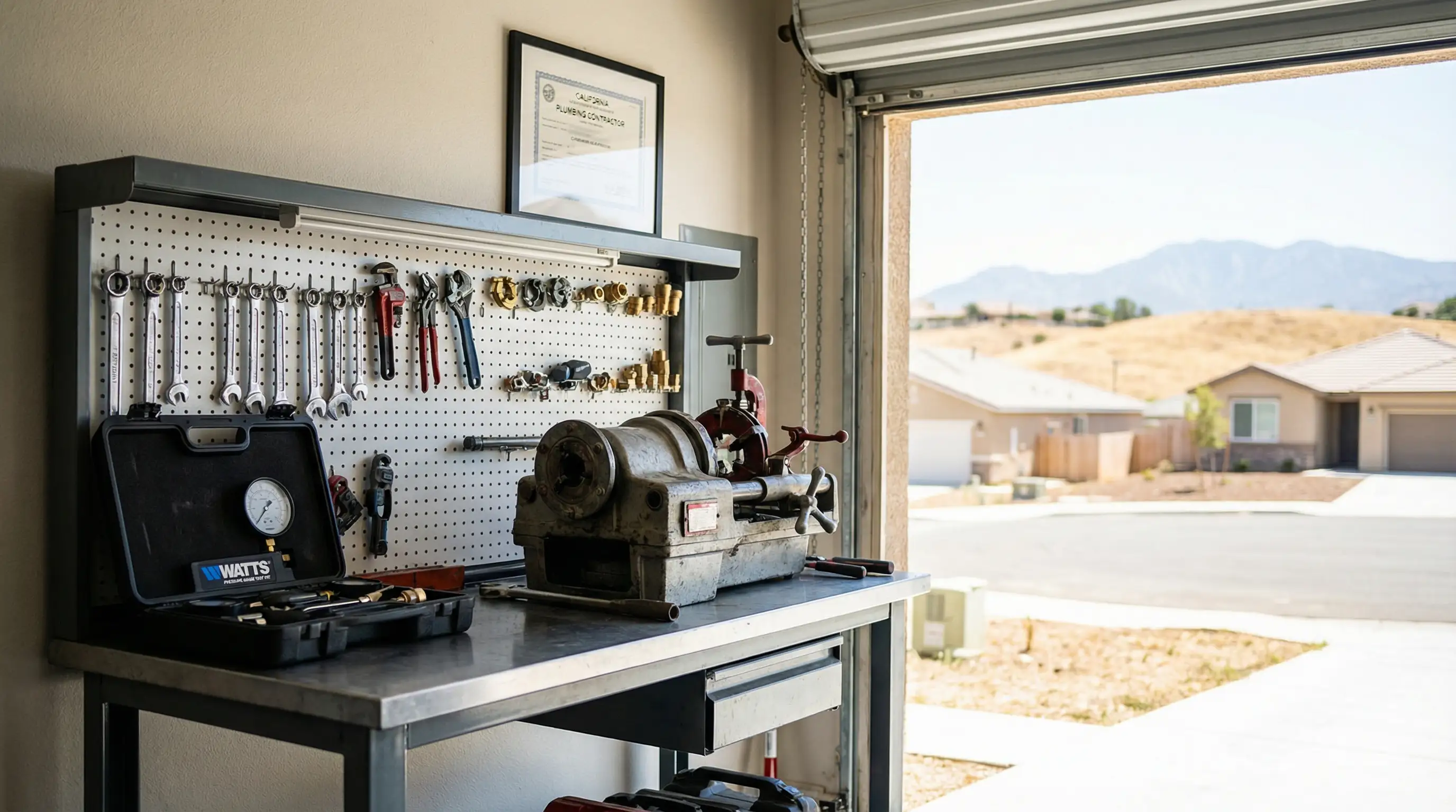 Professional plumber repairing pipes under a kitchen sink in a San Bernardino, CA home