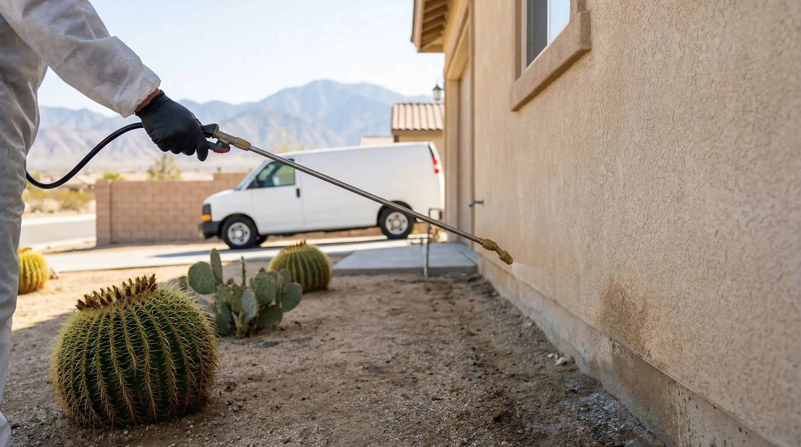 Licensed pest control technician inspecting the perimeter of a stucco home in San Bernardino, CA