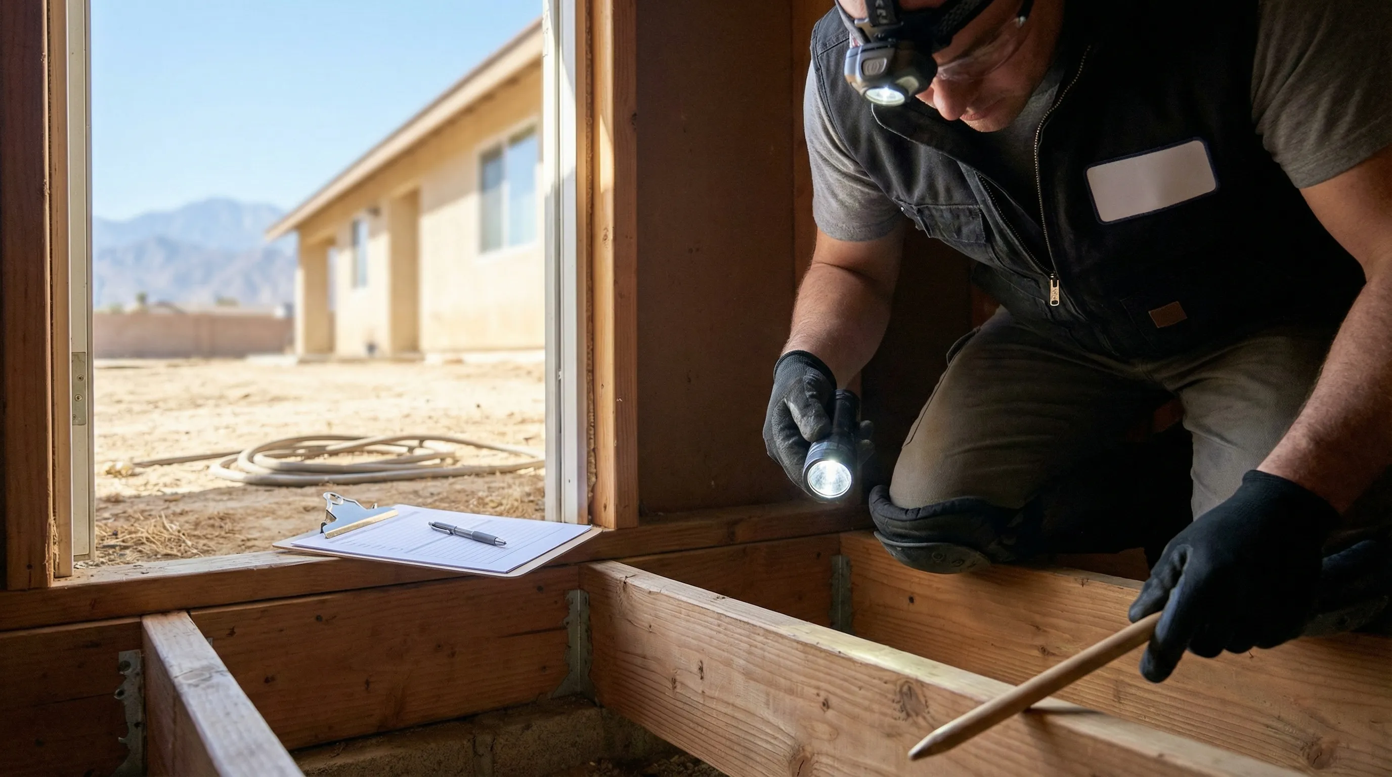 Licensed pest control technician inspecting the perimeter of a stucco home in San Bernardino, CA