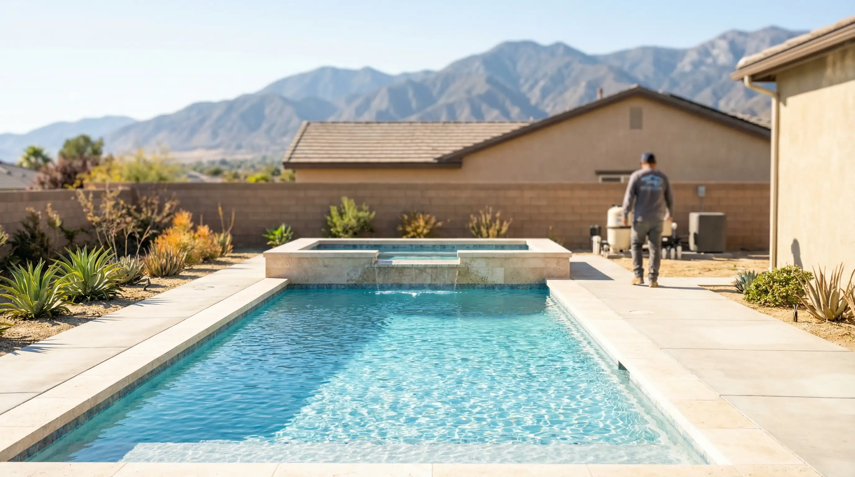 Custom inground pool with spa and desert landscaping in a San Bernardino, CA backyard