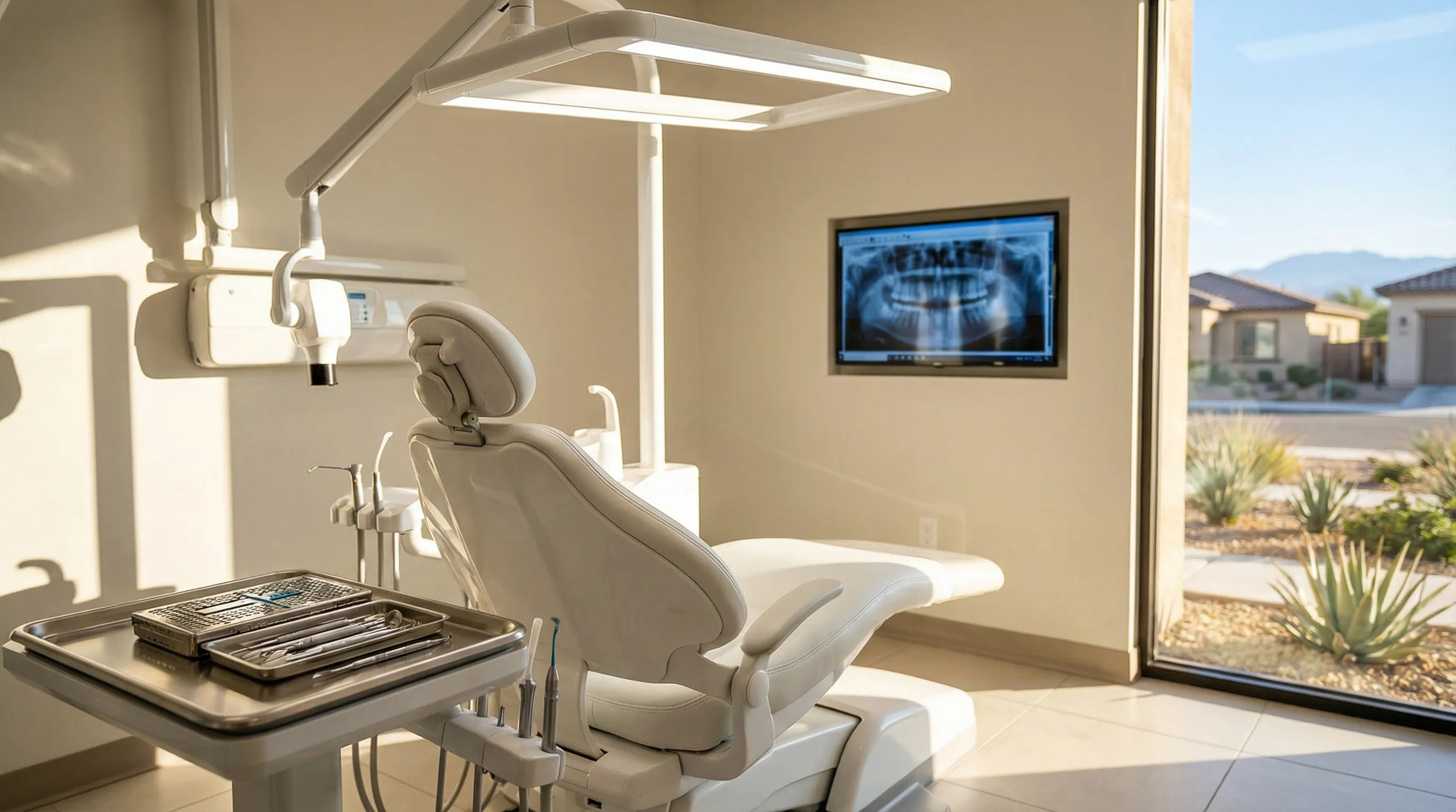 Modern dental practice reception area with bilingual signage in San Bernardino, CA
