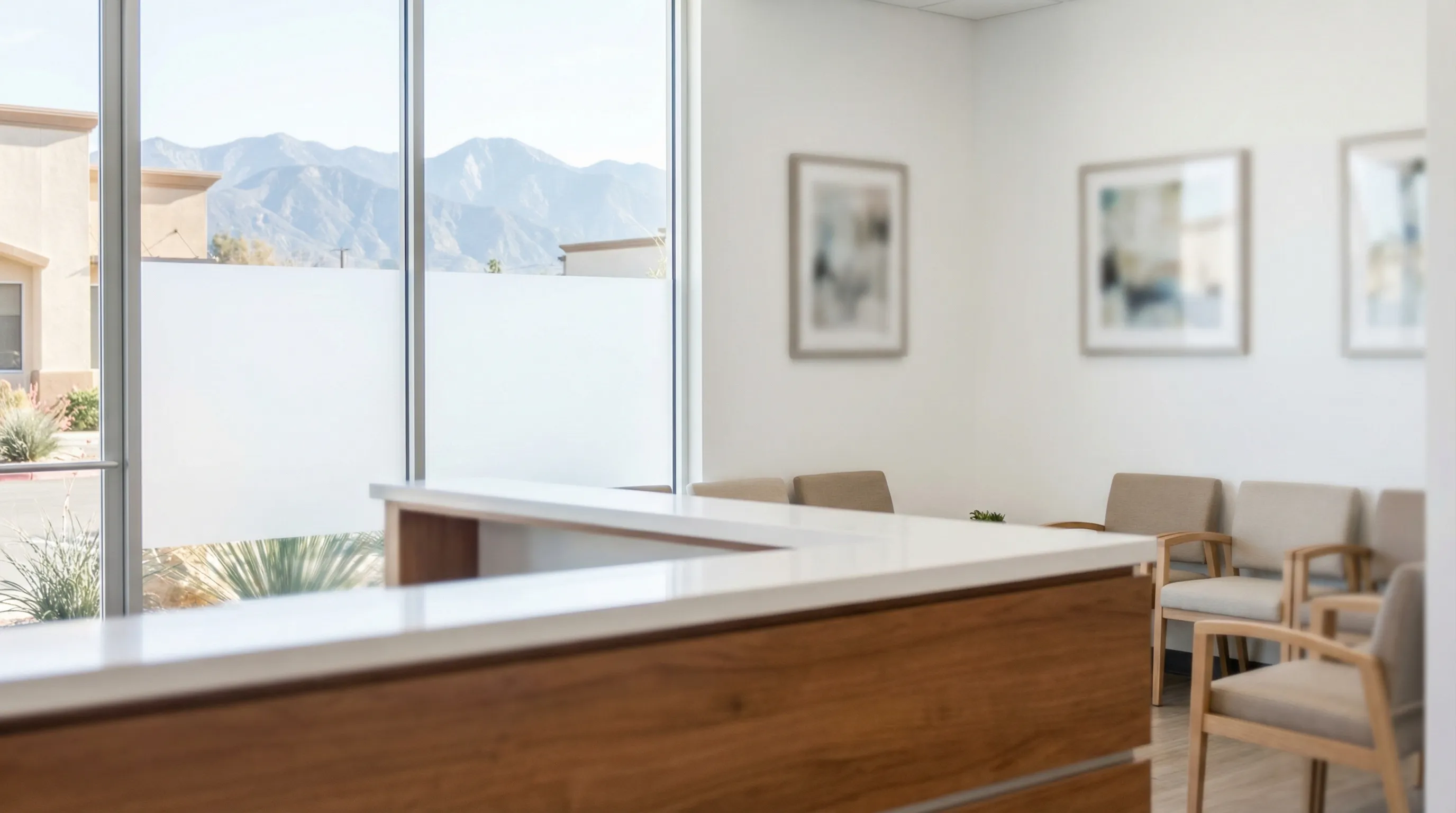 Modern dental practice reception area with bilingual signage in San Bernardino, CA