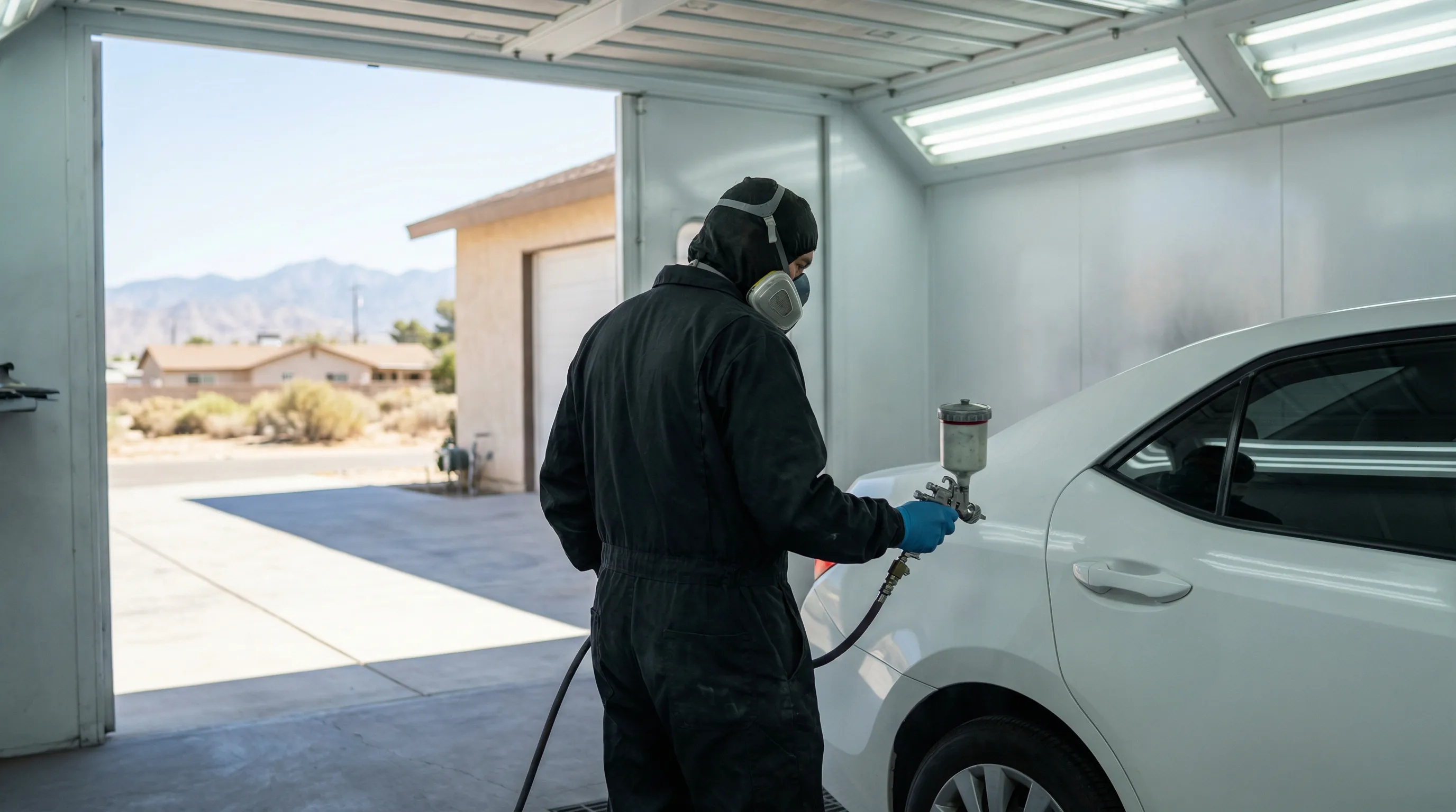 Professional auto body technician working in San Bernardino, CA collision repair shop — paint booth with branded coveralls