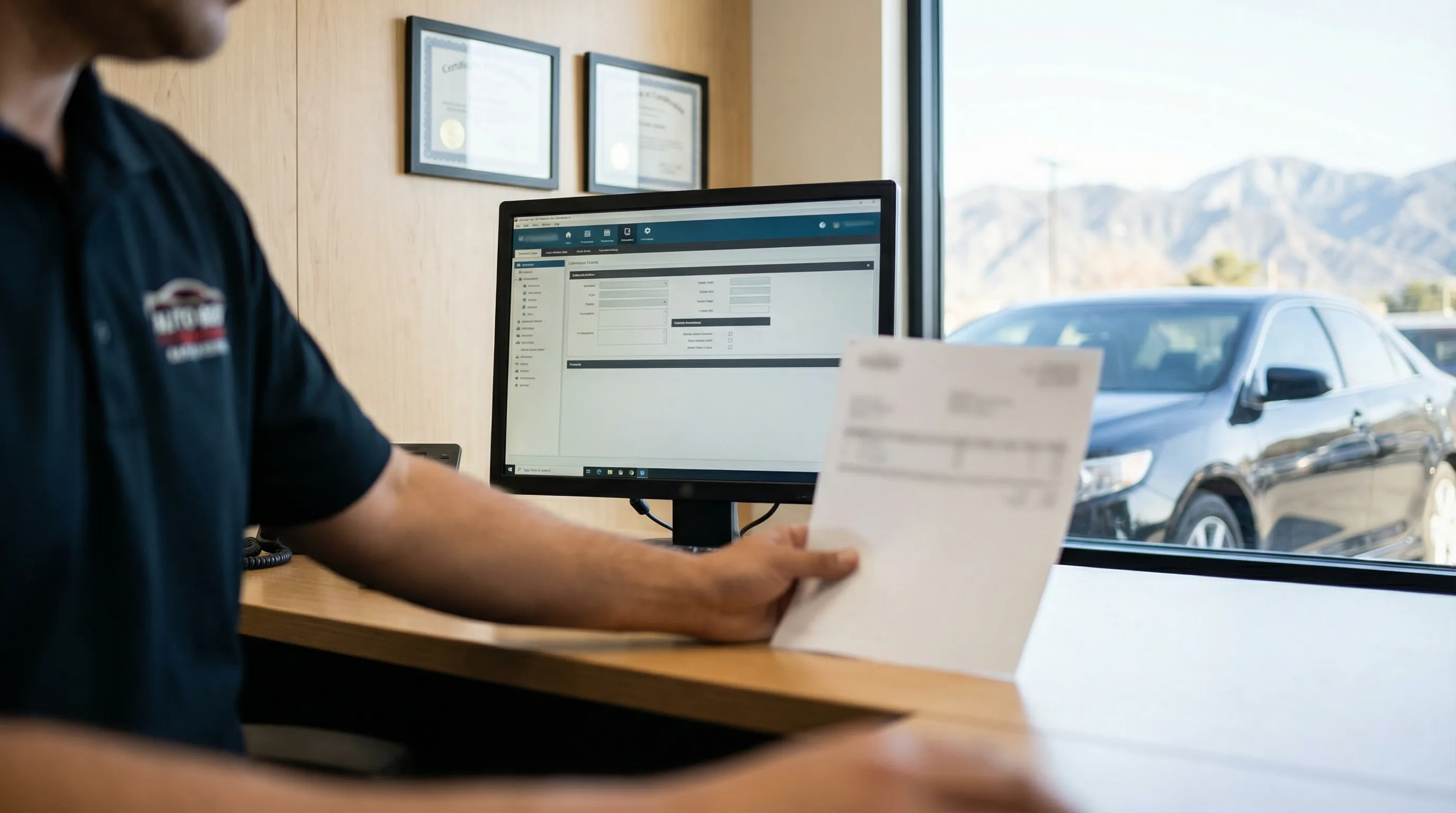 Professional auto body technician working in San Bernardino, CA collision repair shop β paint booth with branded coveralls