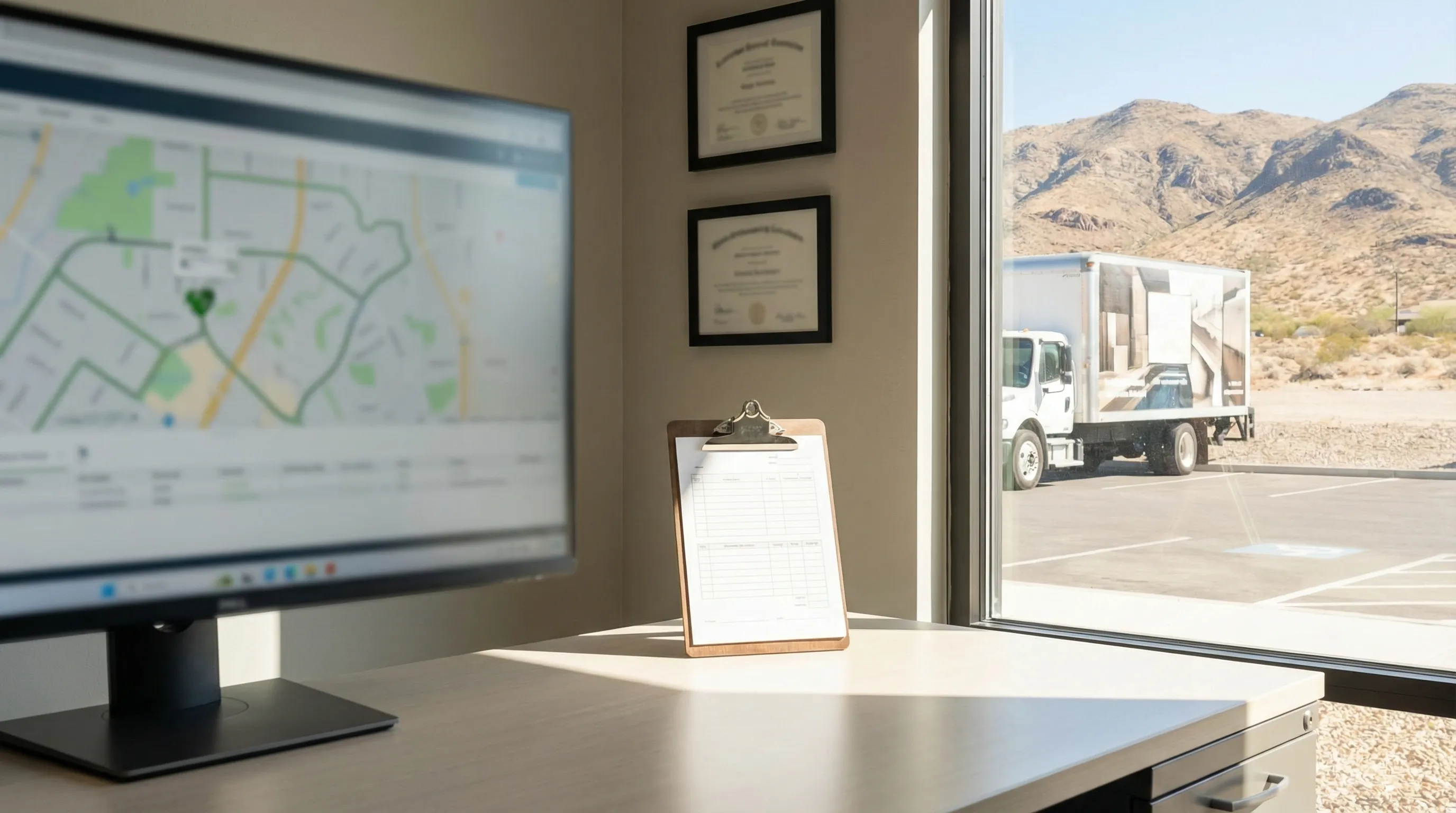 Professional moving team in San Bernardino, CA loading a moving truck in a residential neighborhood — branded polo shirts