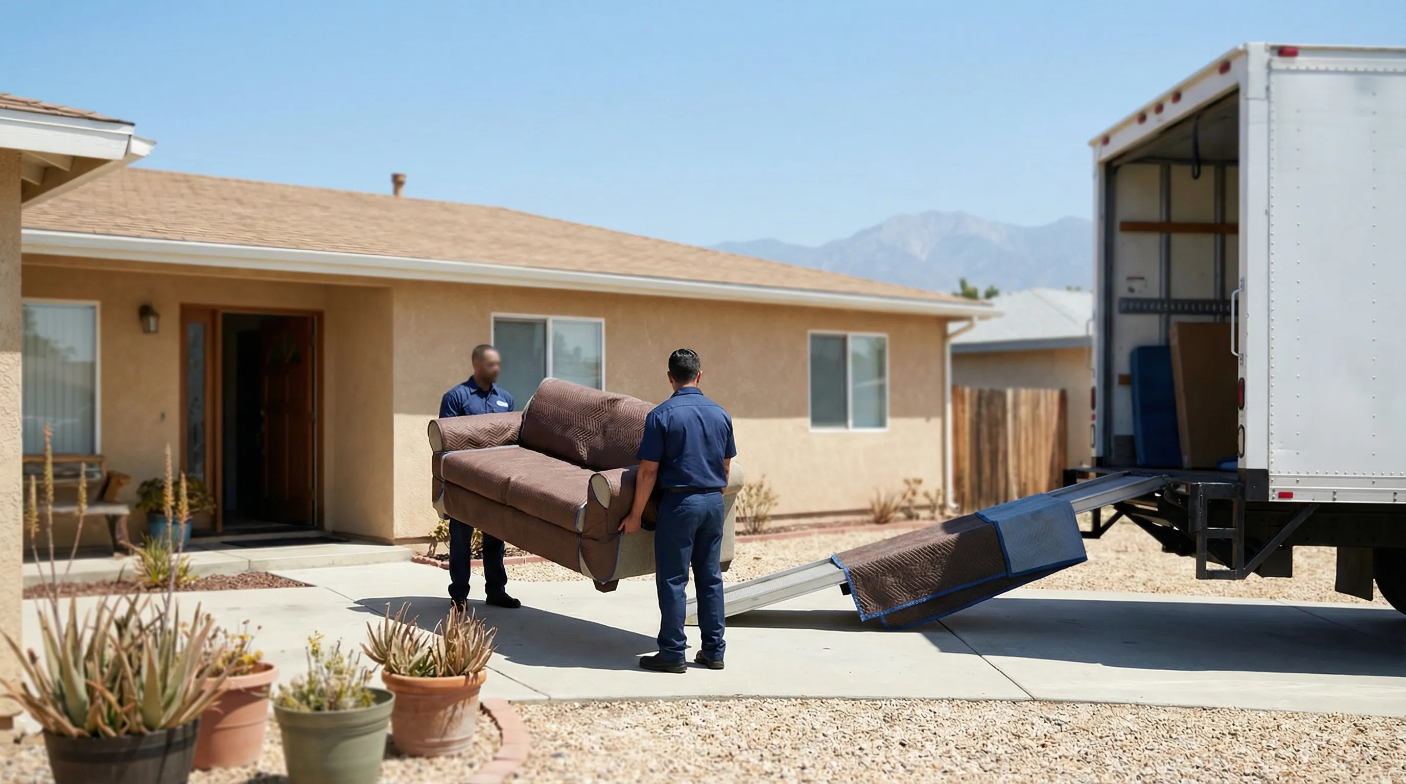 Professional moving team in San Bernardino, CA loading a moving truck in a residential neighborhood — branded polo shirts