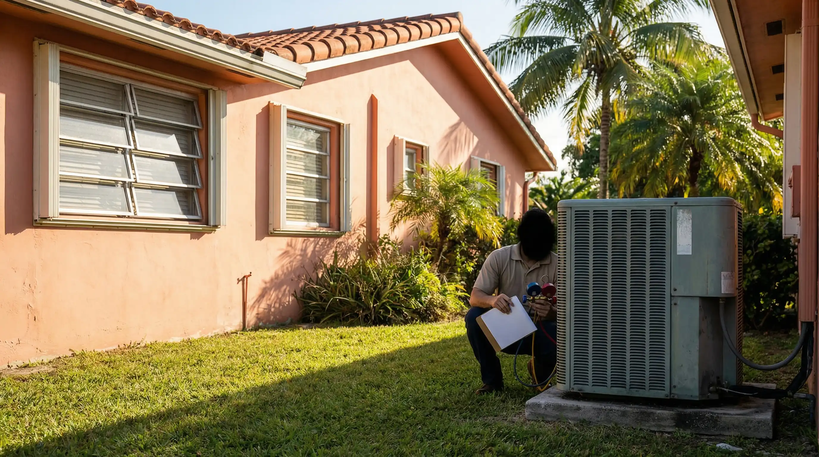 Professional HVAC technician servicing an air conditioning unit outside a stucco home in Hialeah, FL