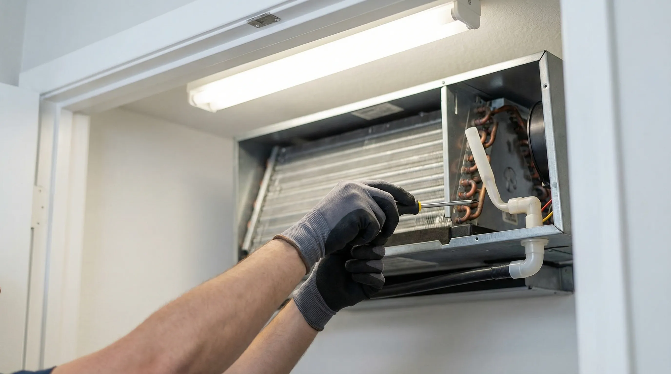 Professional HVAC technician servicing an air conditioning unit outside a stucco home in Hialeah, FL