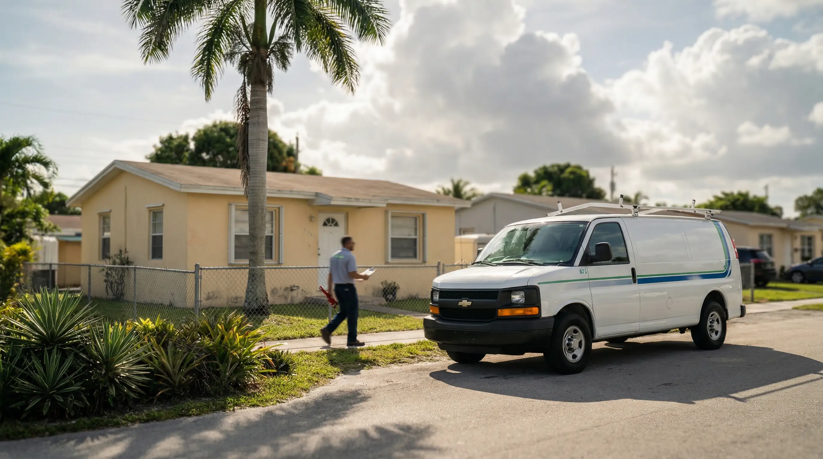 Professional plumber working under a kitchen sink in a Hialeah, FL home