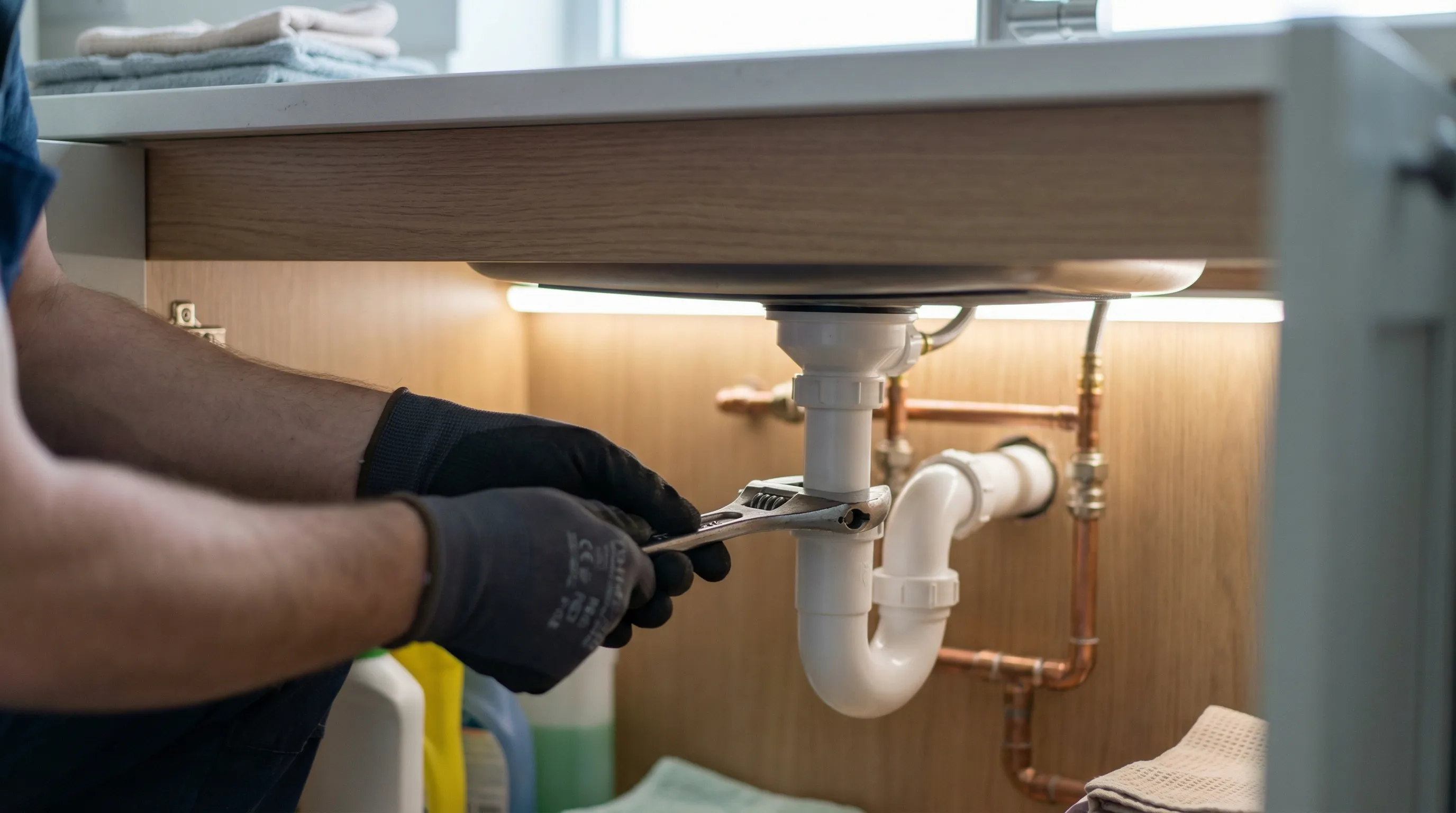 Professional plumber working under a kitchen sink in a Hialeah, FL home