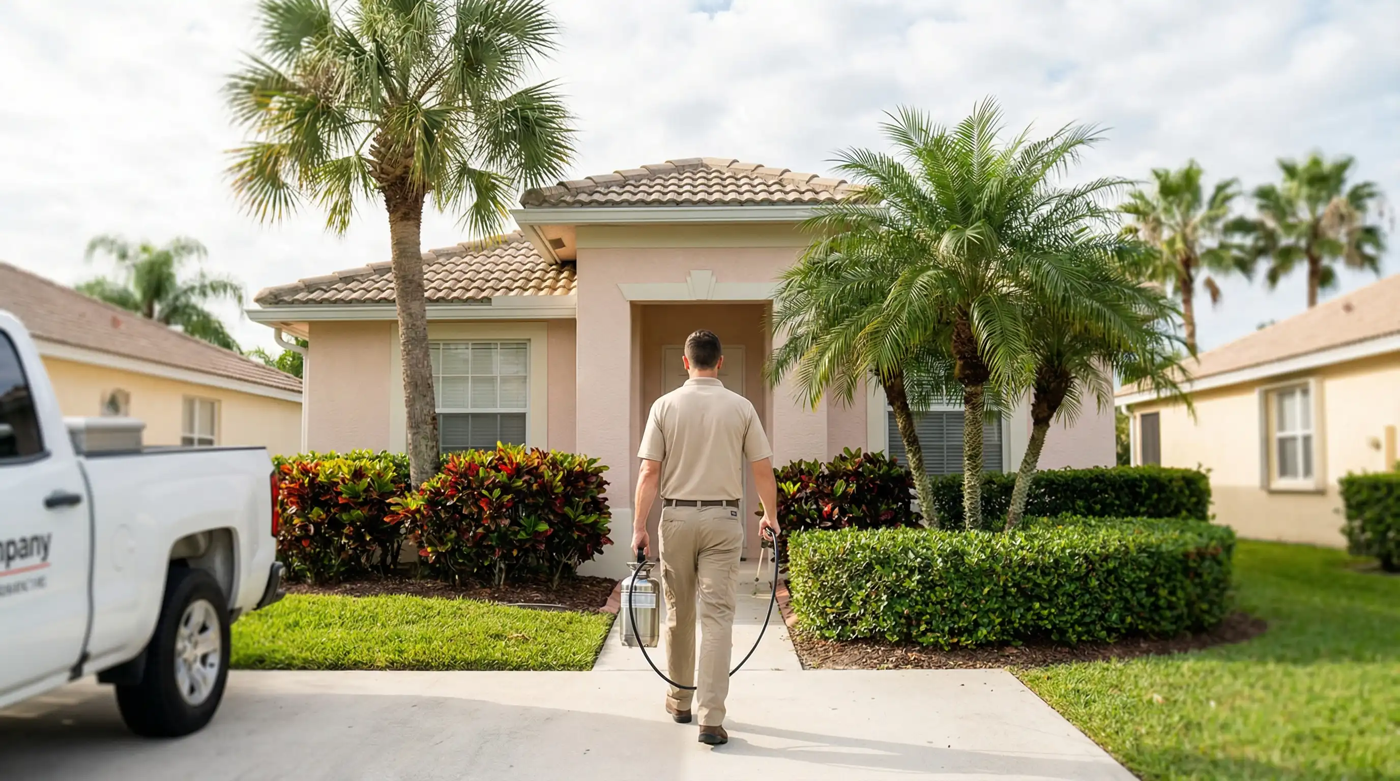 Pest control technician applying treatment at a residential property in Hialeah, FL