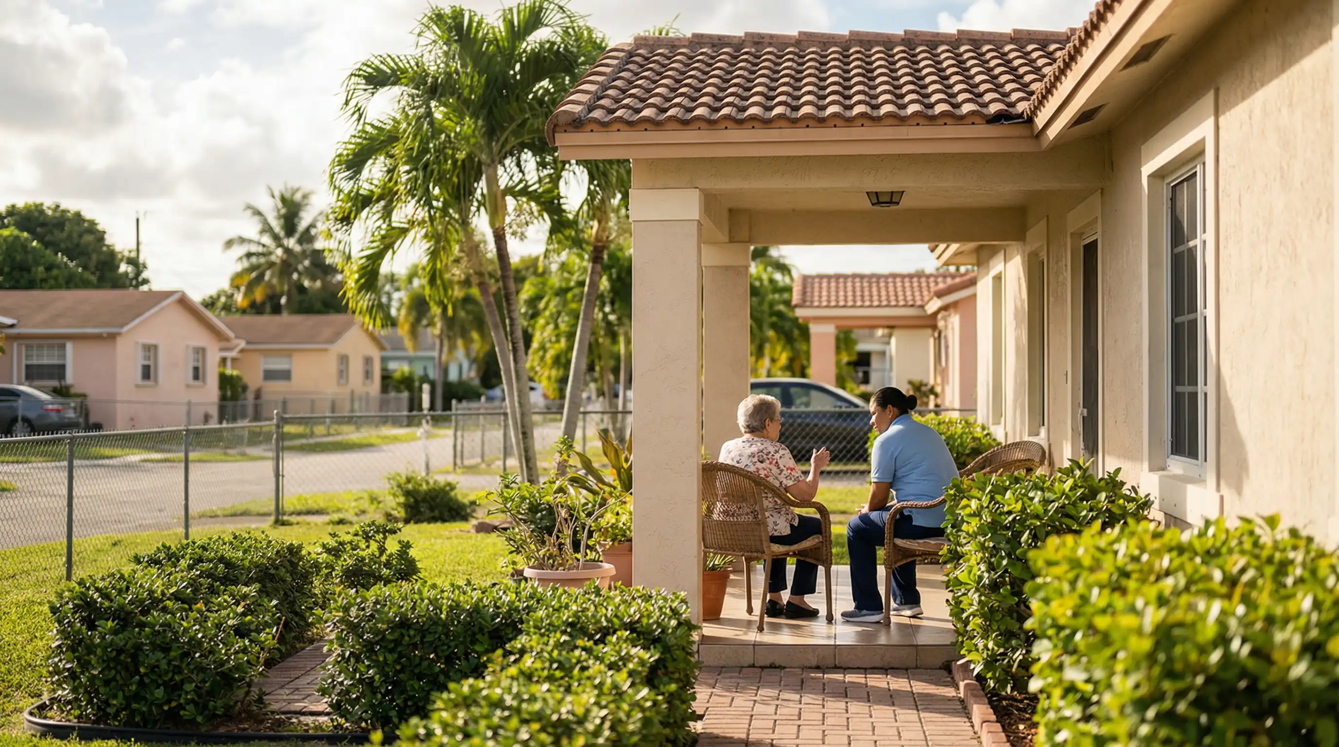 Professional senior home care aide with elderly Cuban-American woman at home in Hialeah, FL