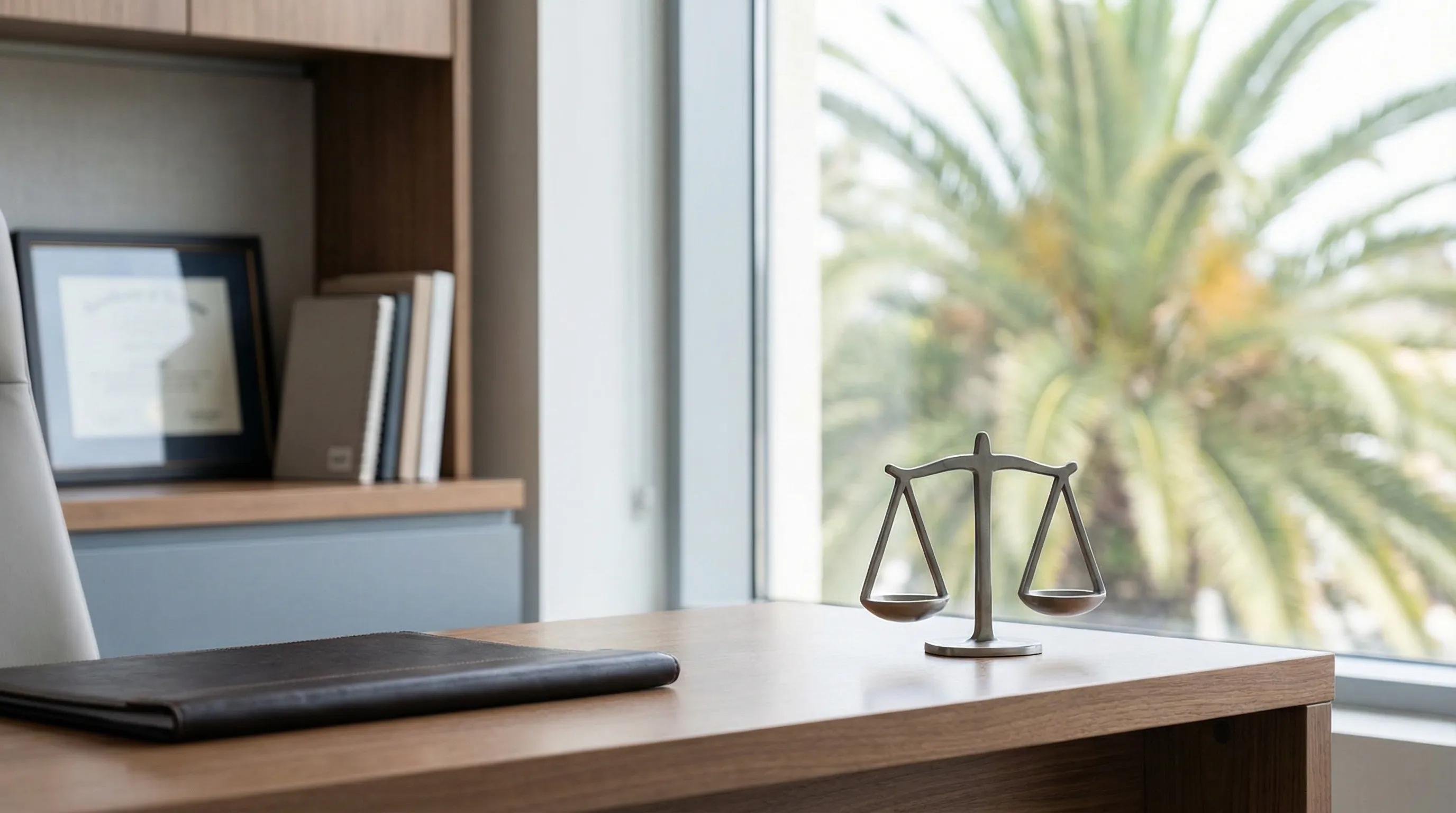 Professional personal injury attorney meeting with Hispanic client couple in Hialeah, FL law office