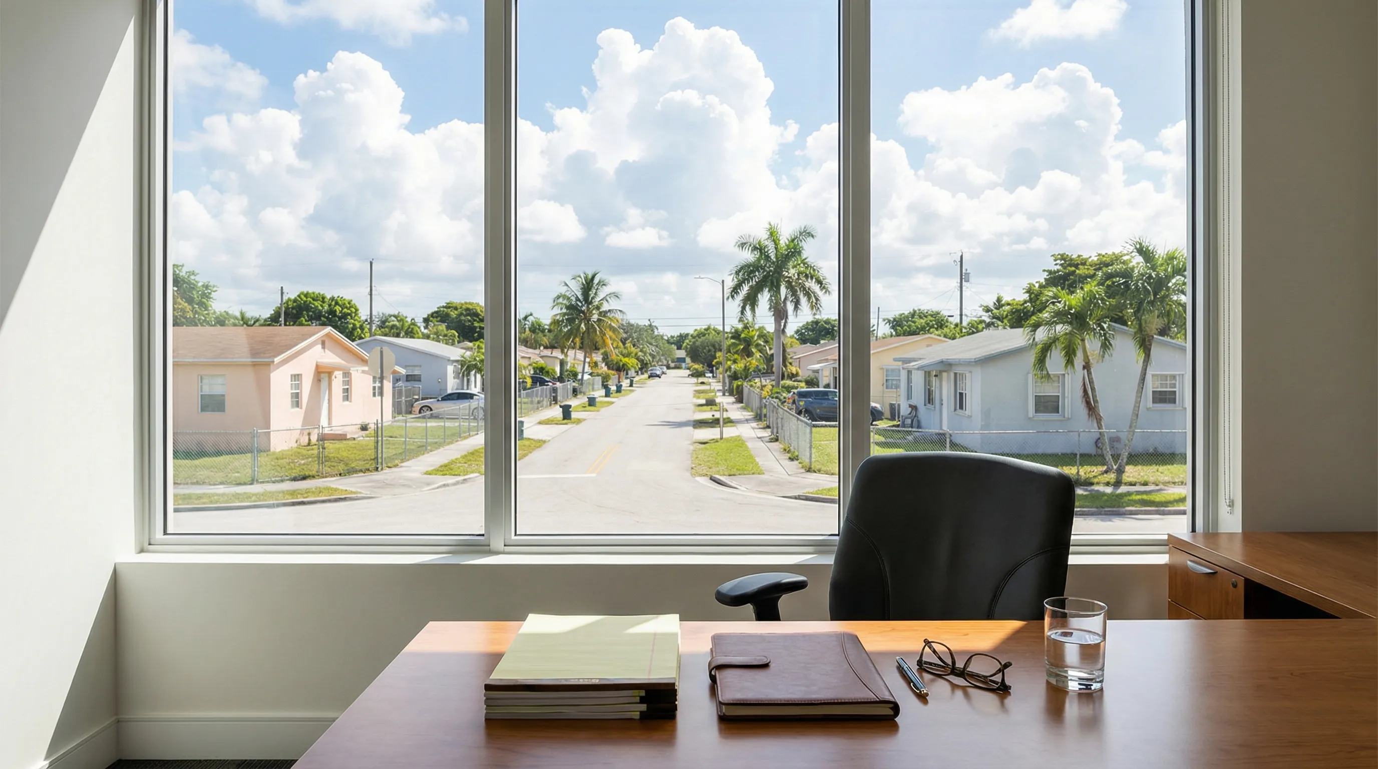 Professional personal injury attorney meeting with Hispanic client couple in Hialeah, FL law office