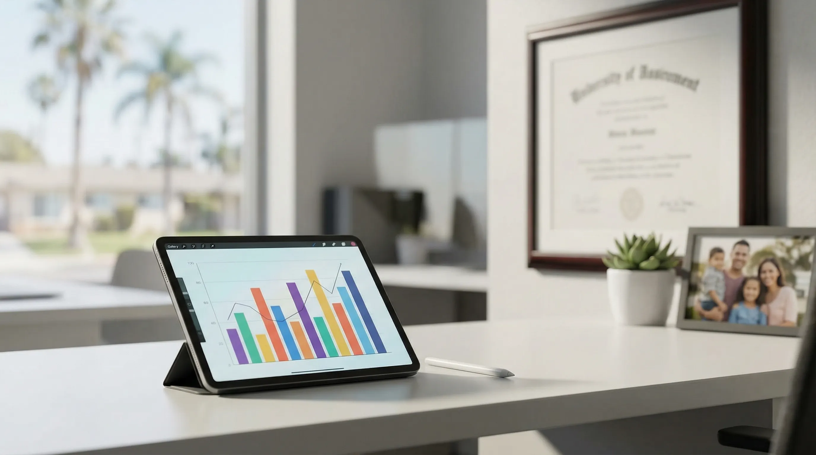 Bilingual insurance agent meeting with Hispanic couple at desk in Hialeah, FL insurance office