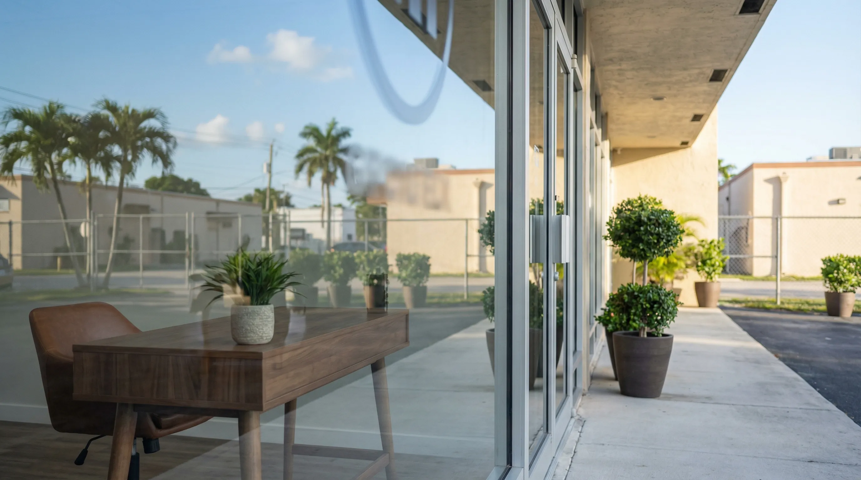 Bilingual insurance agent meeting with Hispanic couple at desk in Hialeah, FL insurance office