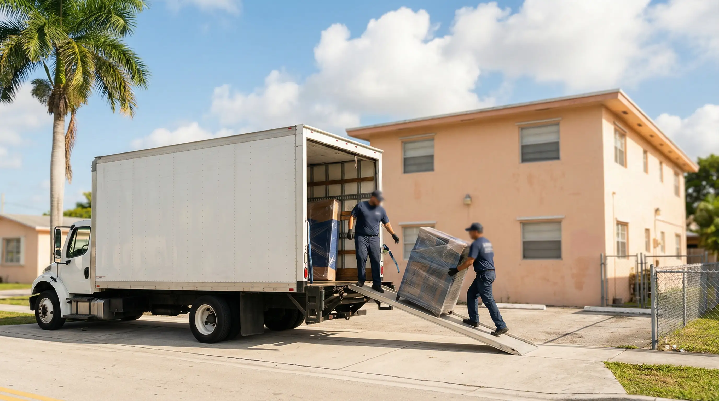 Professional moving crew loading furniture truck in front of Hialeah, FL apartment building
