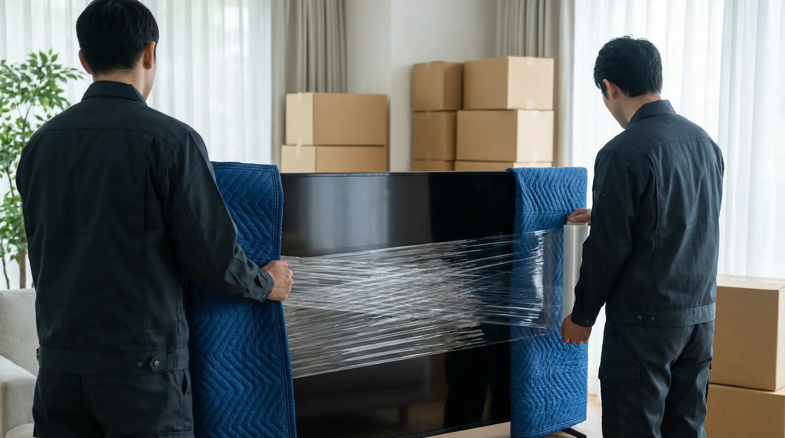 Professional moving crew loading furniture truck in front of Hialeah, FL apartment building