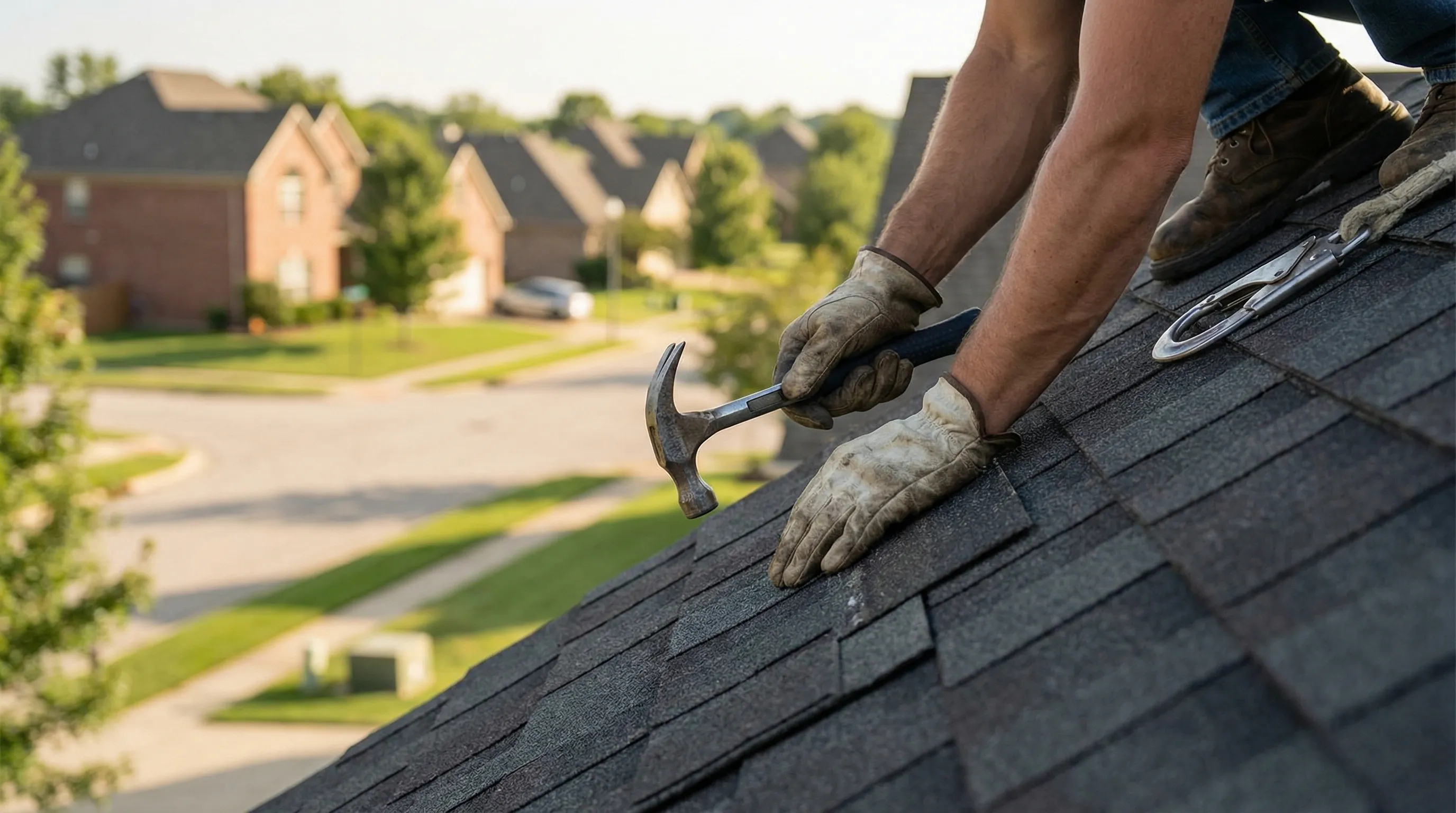 Professional roofing crew installing new shingles on a residential home in Des Moines, IA after storm damage