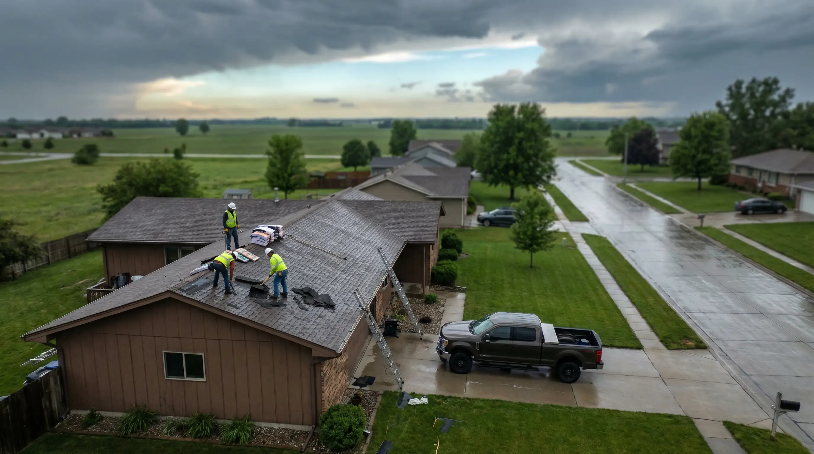 Professional roofing crew installing new shingles on a residential home in Des Moines, IA after storm damage