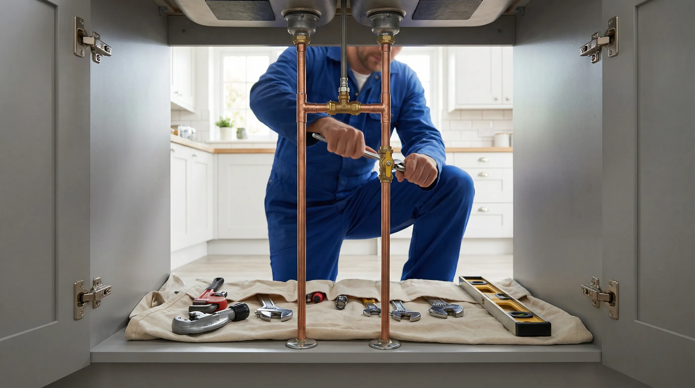 Professional plumber working on copper pipe fittings under a kitchen sink in a Des Moines, IA home