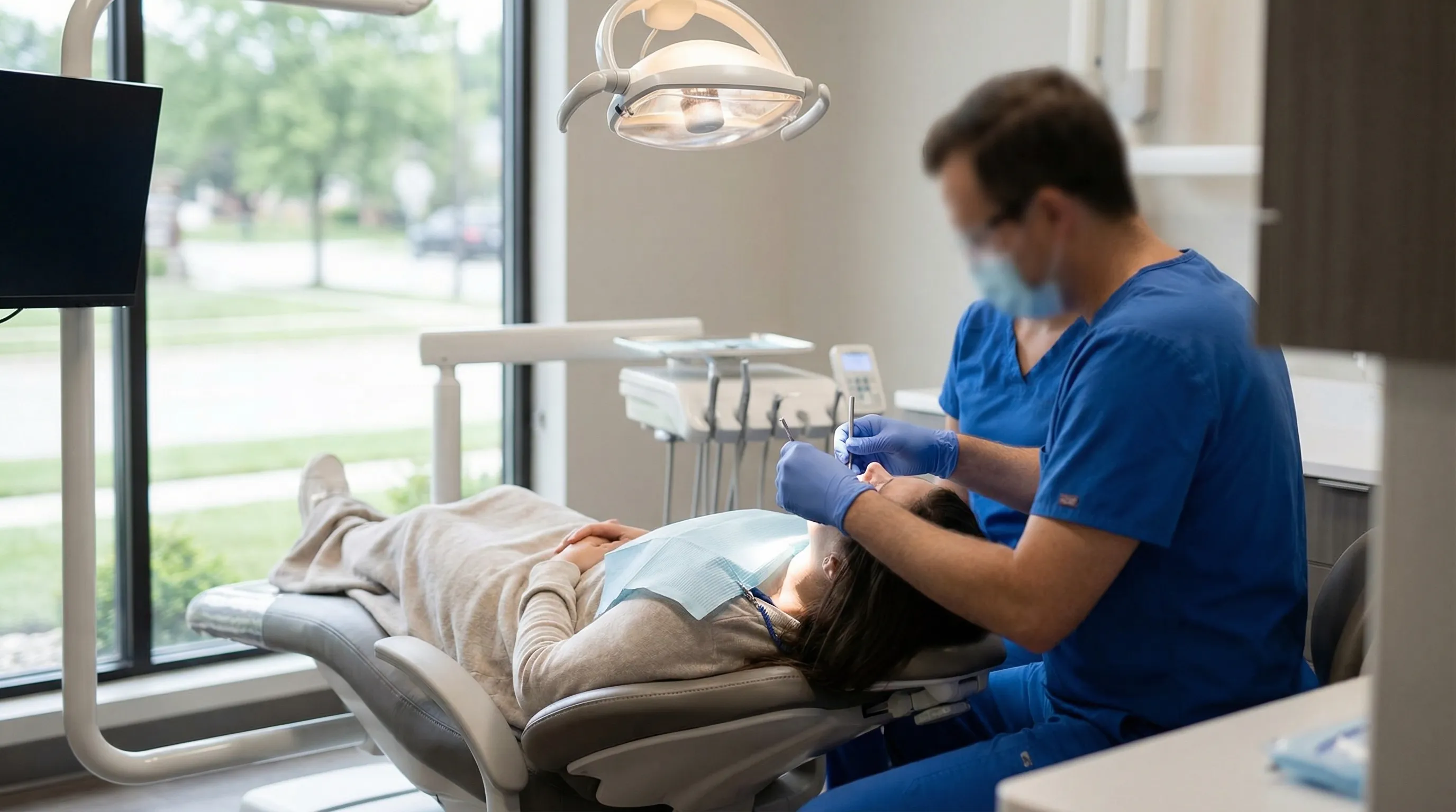 Professional dentist and hygienist working with a patient in a modern dental office in Des Moines, IA
