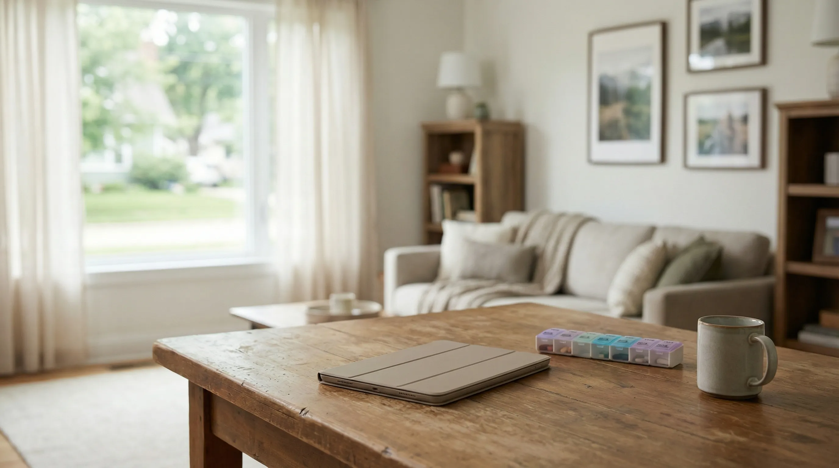 Professional in-home caregiver sitting with an elderly woman at a kitchen table in a Des Moines, IA home, warm domestic setting