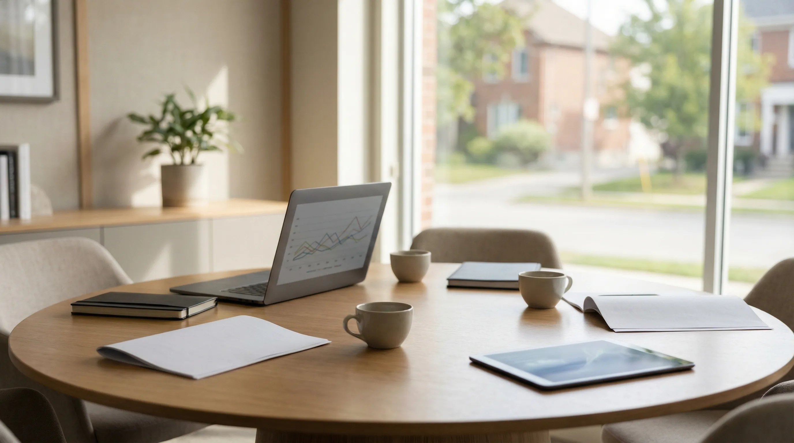 Independent financial advisor consulting with a client couple over a retirement planning chart in a modern Des Moines, IA office