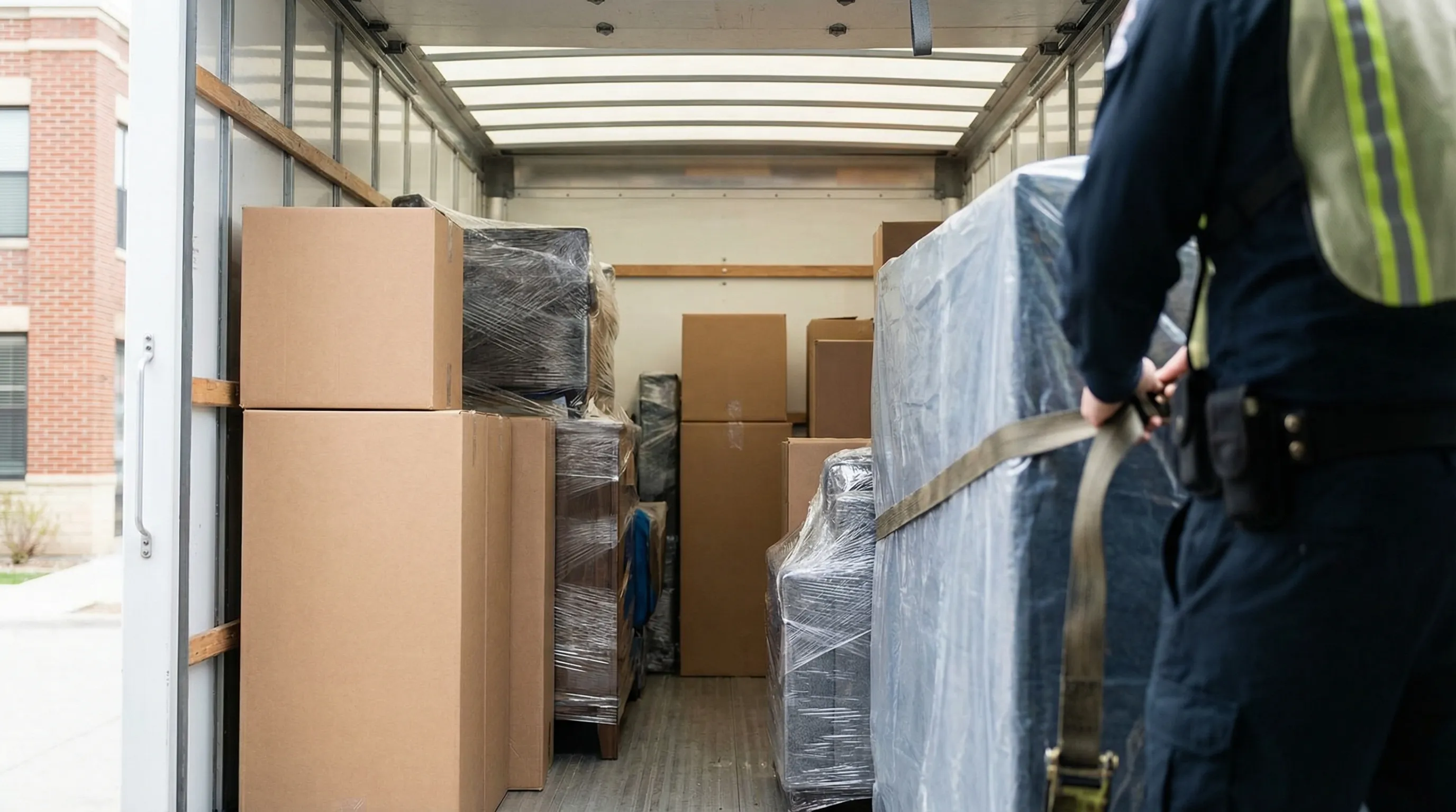 Professional moving crew loading a branded moving truck in front of a new suburban home in Des Moines, IA on a sunny summer day