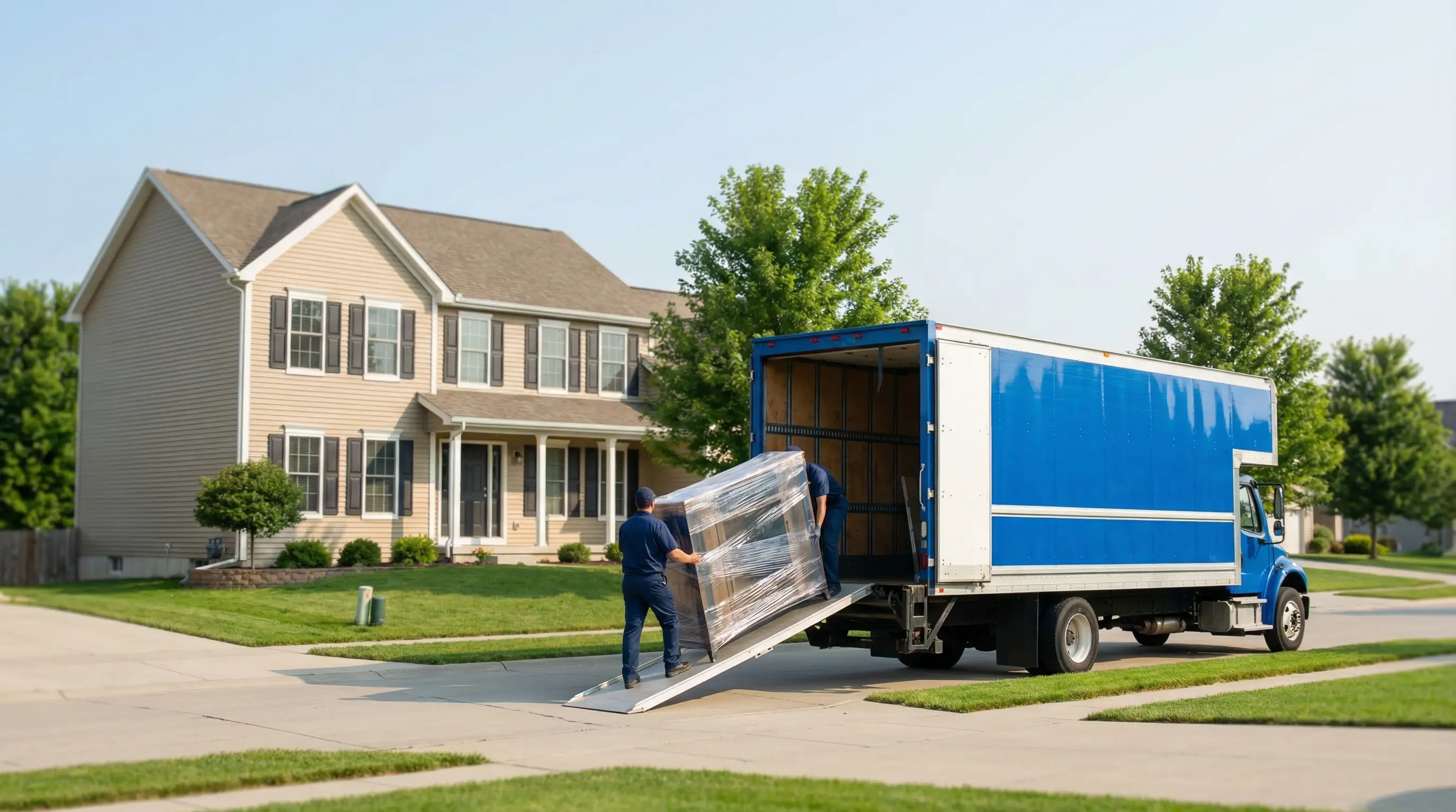 Professional moving crew loading a branded moving truck in front of a new suburban home in Des Moines, IA on a sunny summer day