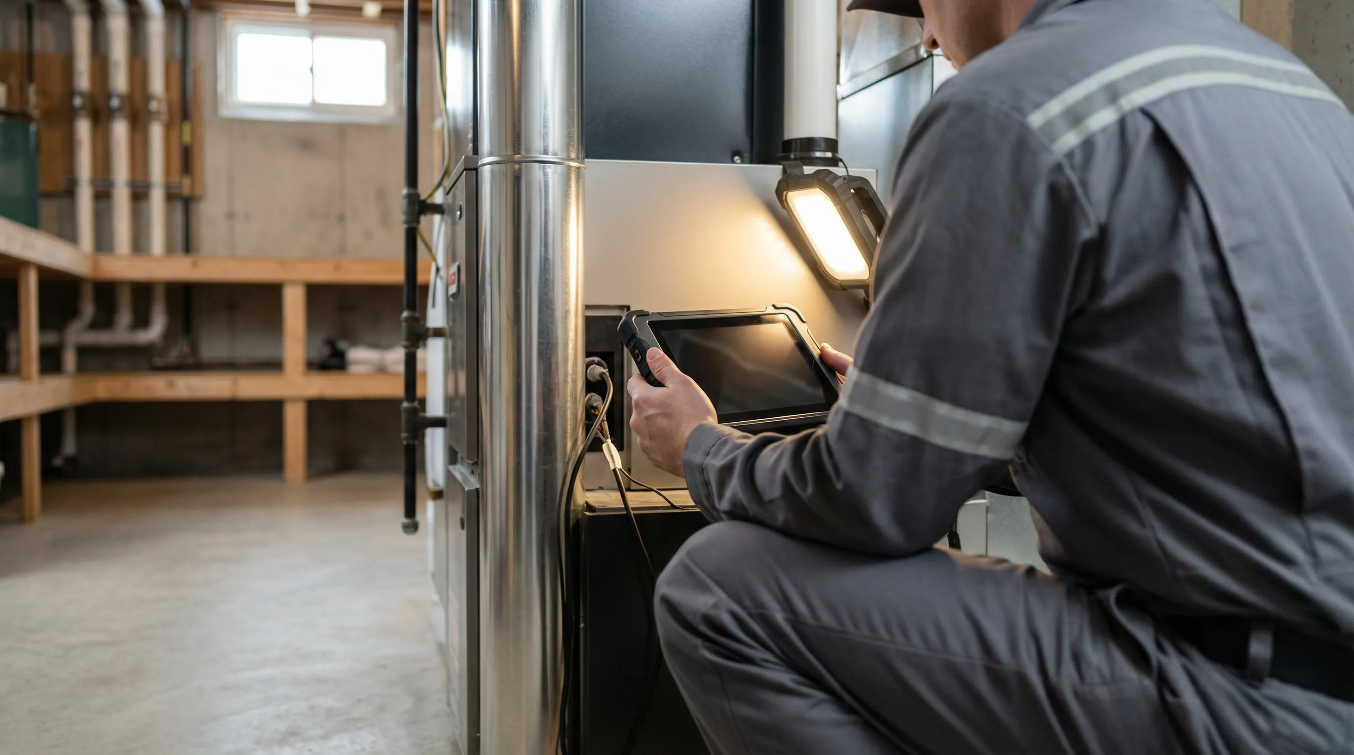 Professional HVAC technician servicing a furnace in a Rochester, NY home during winter