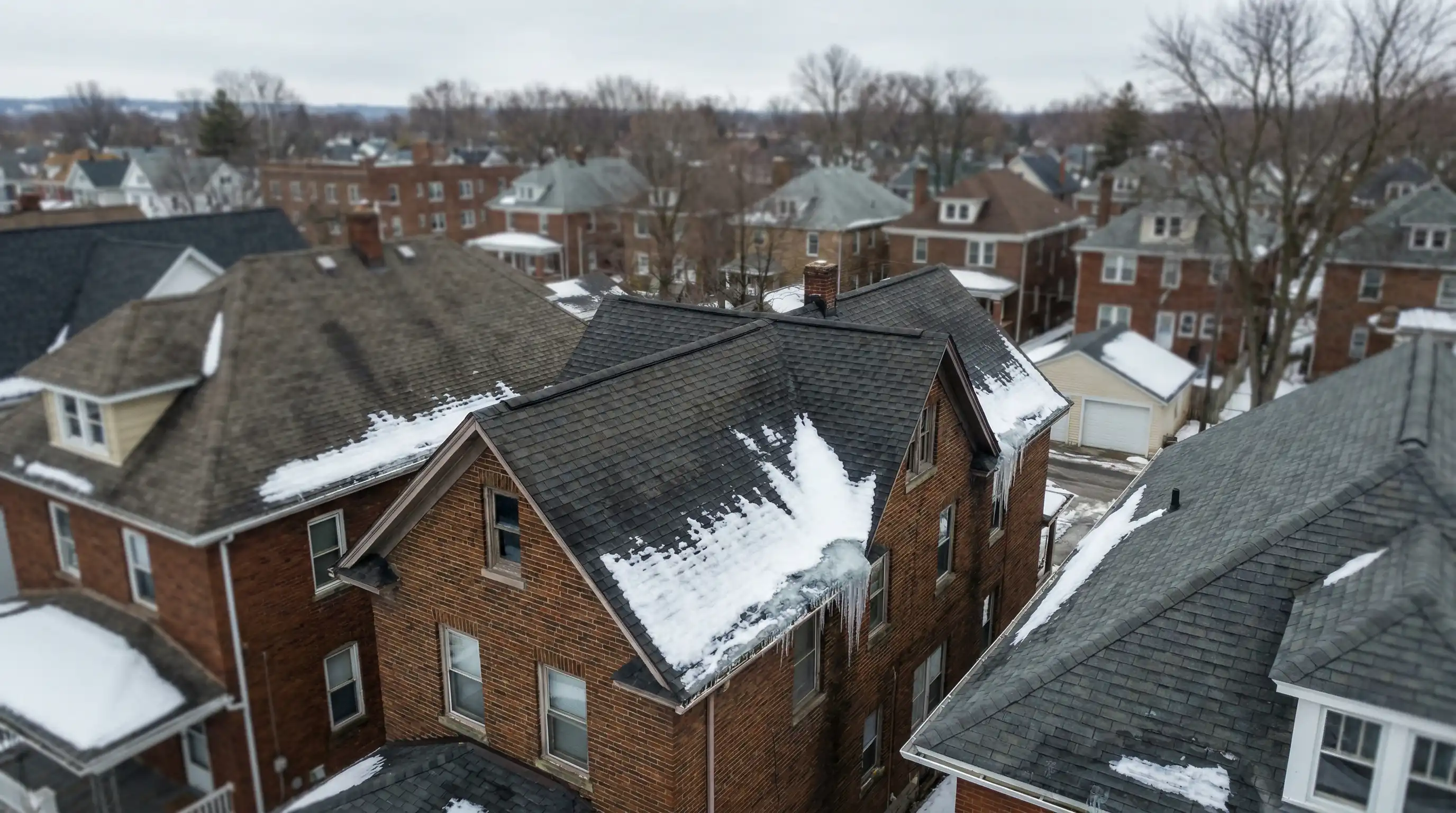 Professional roofing contractor inspecting a snow-covered roof in Rochester, NY