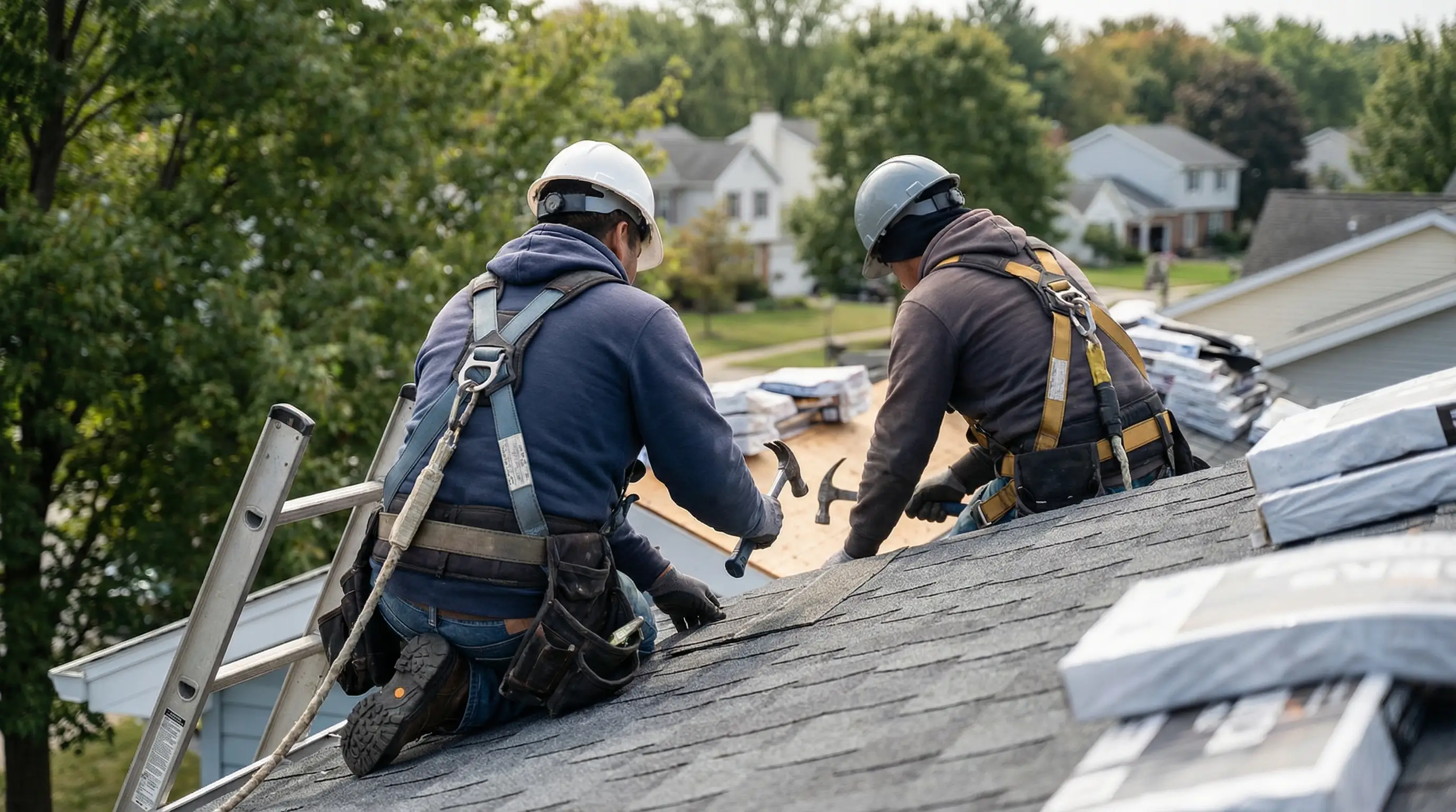 Professional roofing contractor inspecting a snow-covered roof in Rochester, NY