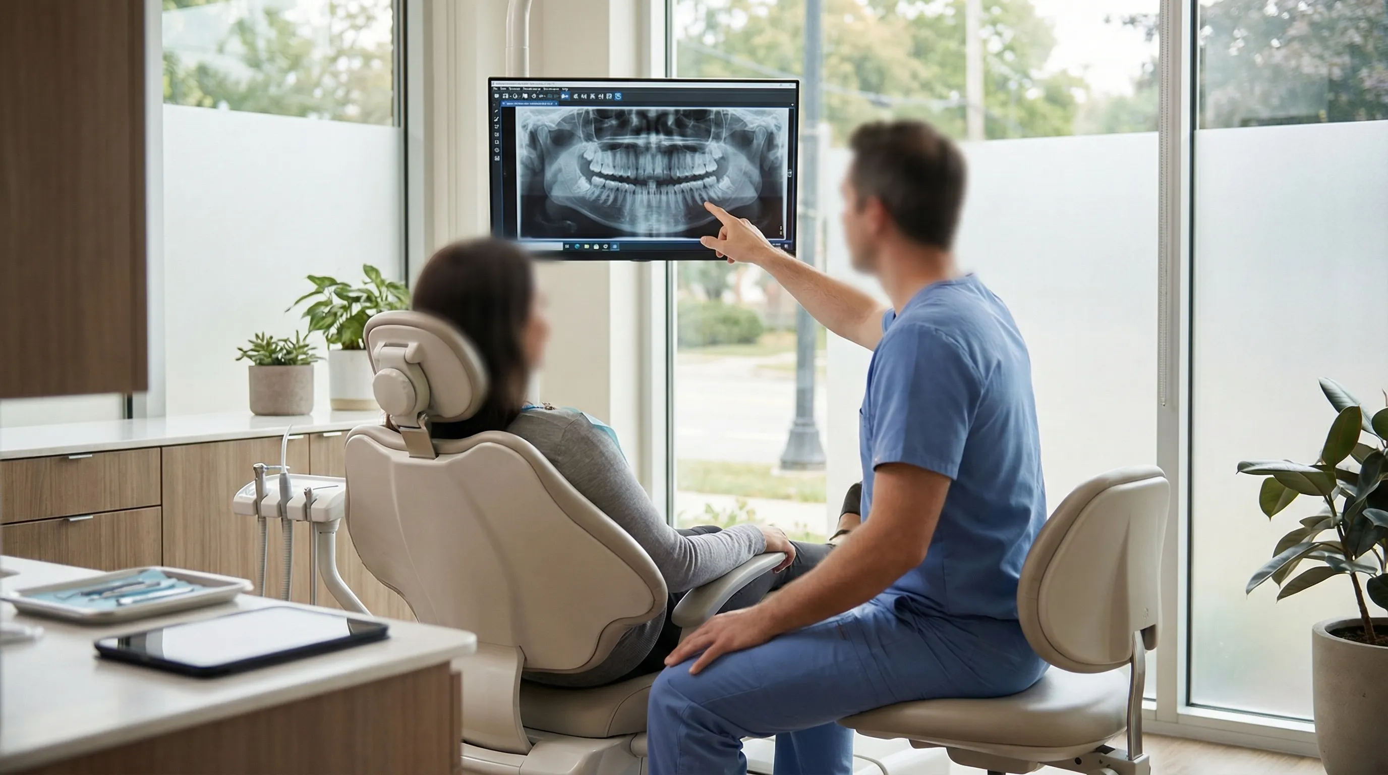 Dental hygienist consulting with a patient at a modern Rochester, NY dental practice