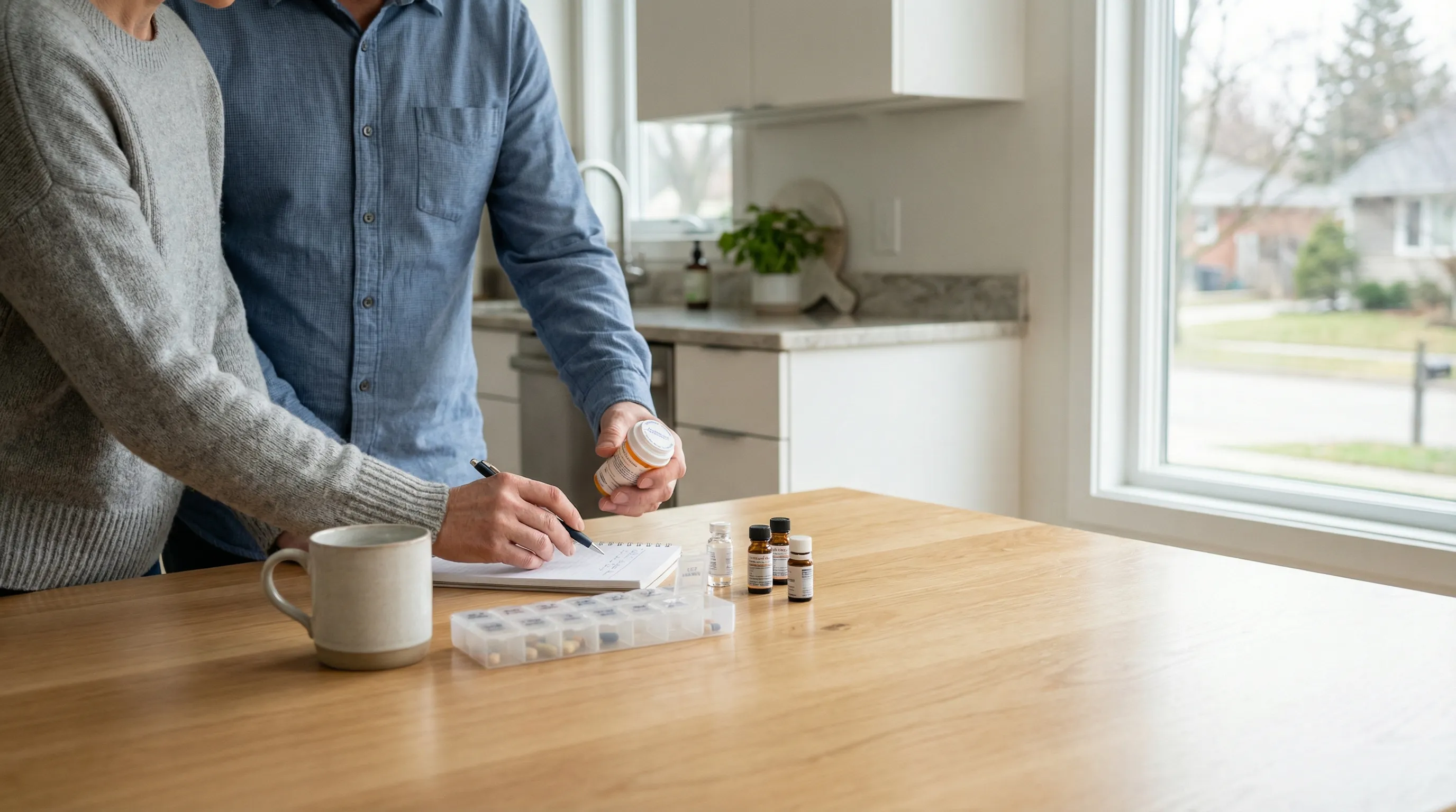 Professional home caregiver assisting elderly woman in a bright Monroe County residential kitchen, Rochester, NY