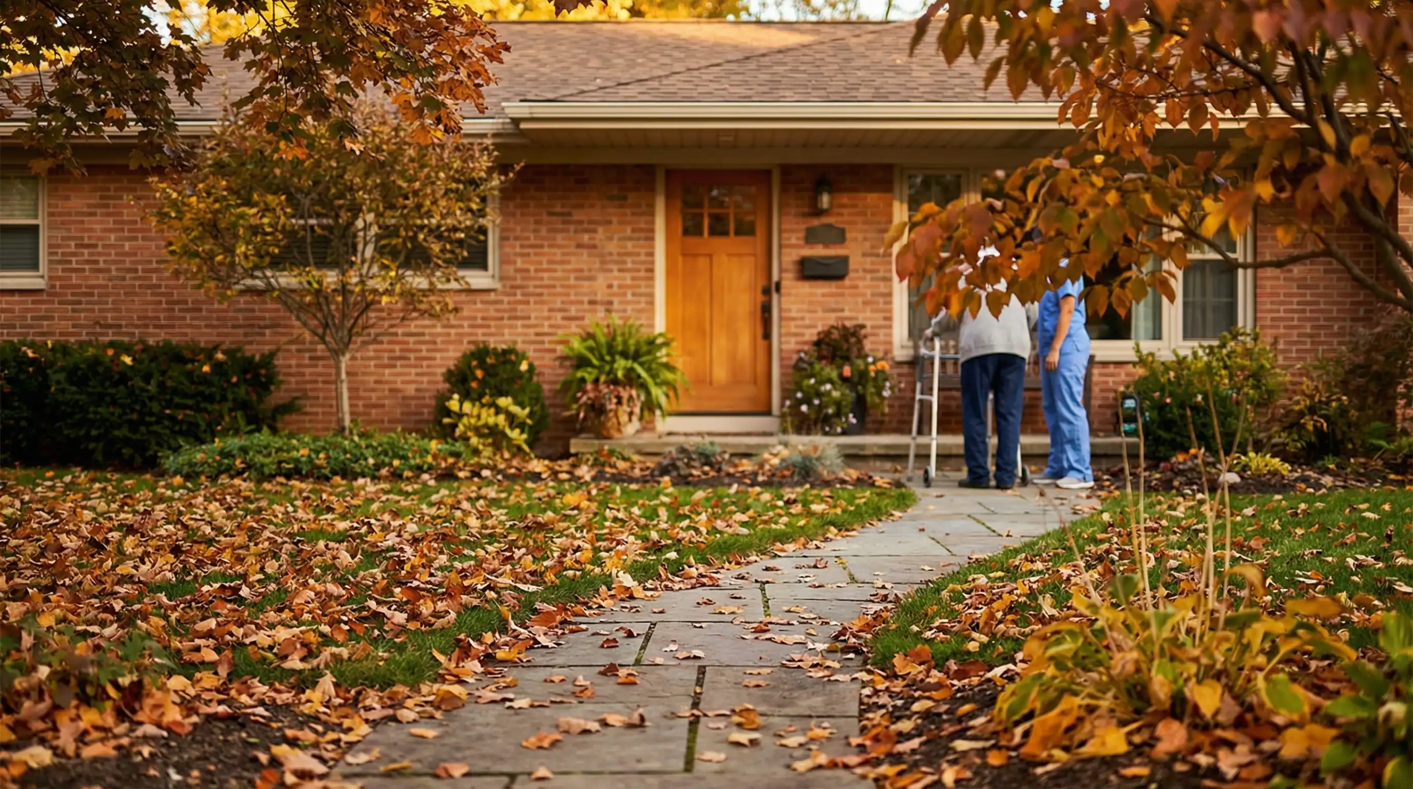 Professional home caregiver assisting elderly woman in a bright Monroe County residential kitchen, Rochester, NY