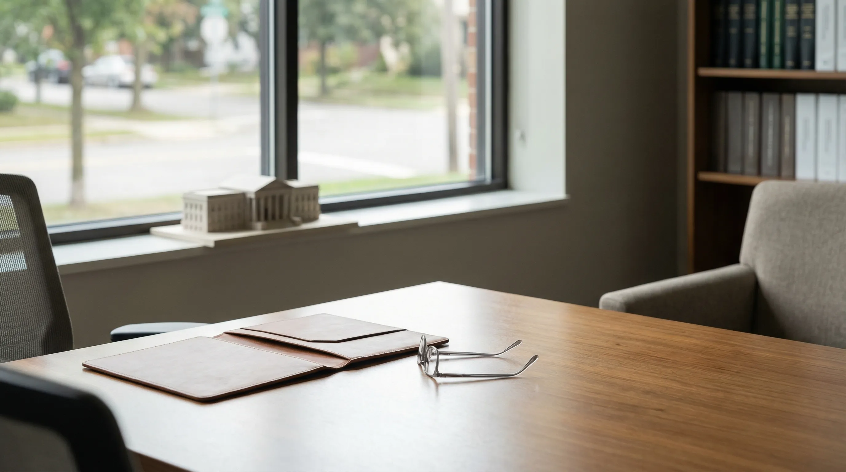 Professional personal injury law office consultation room in Rochester, NY, with attorney reviewing case documents at a desk overlooking downtown