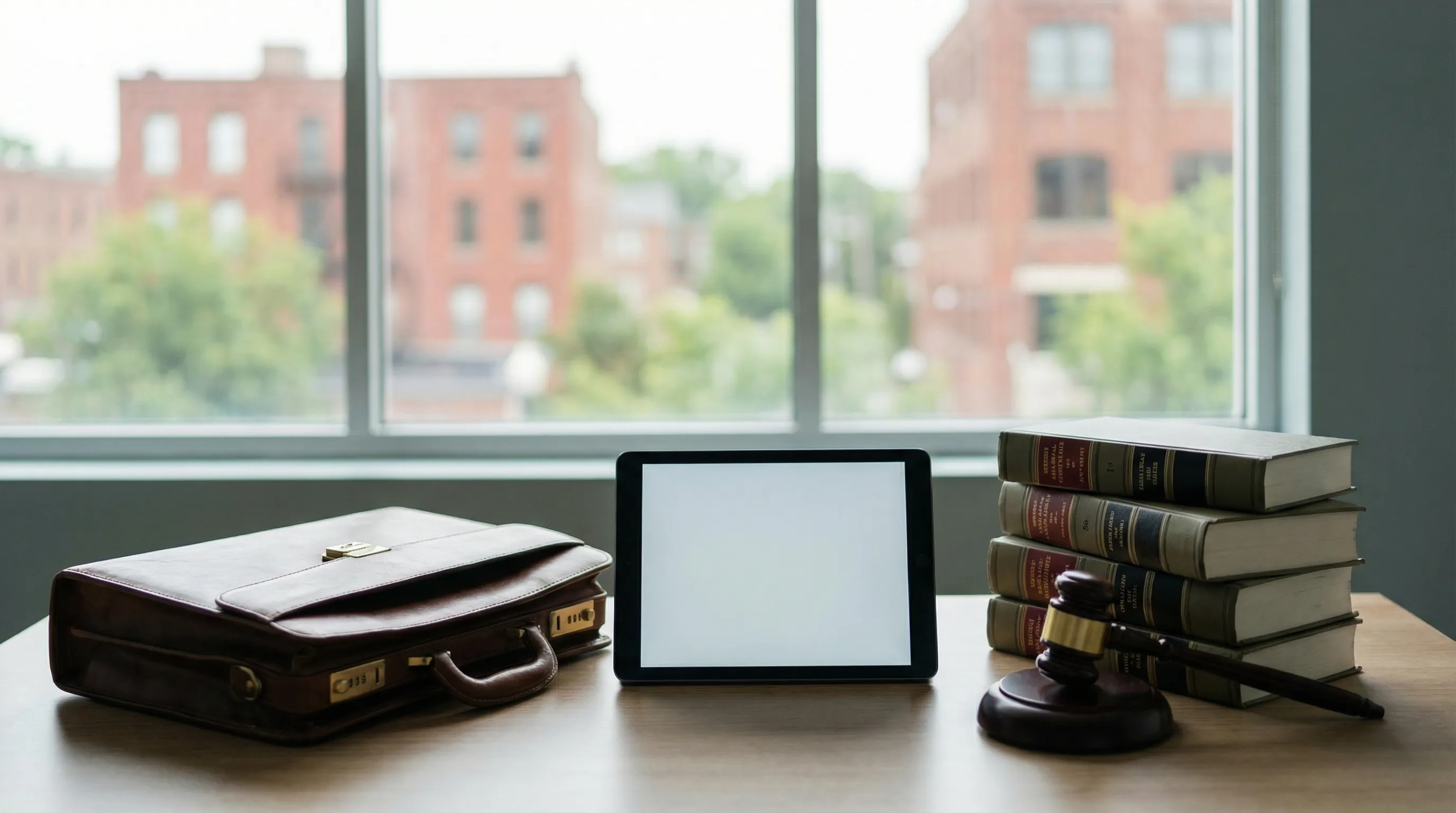 Professional personal injury law office consultation room in Rochester, NY, with attorney reviewing case documents at a desk overlooking downtown