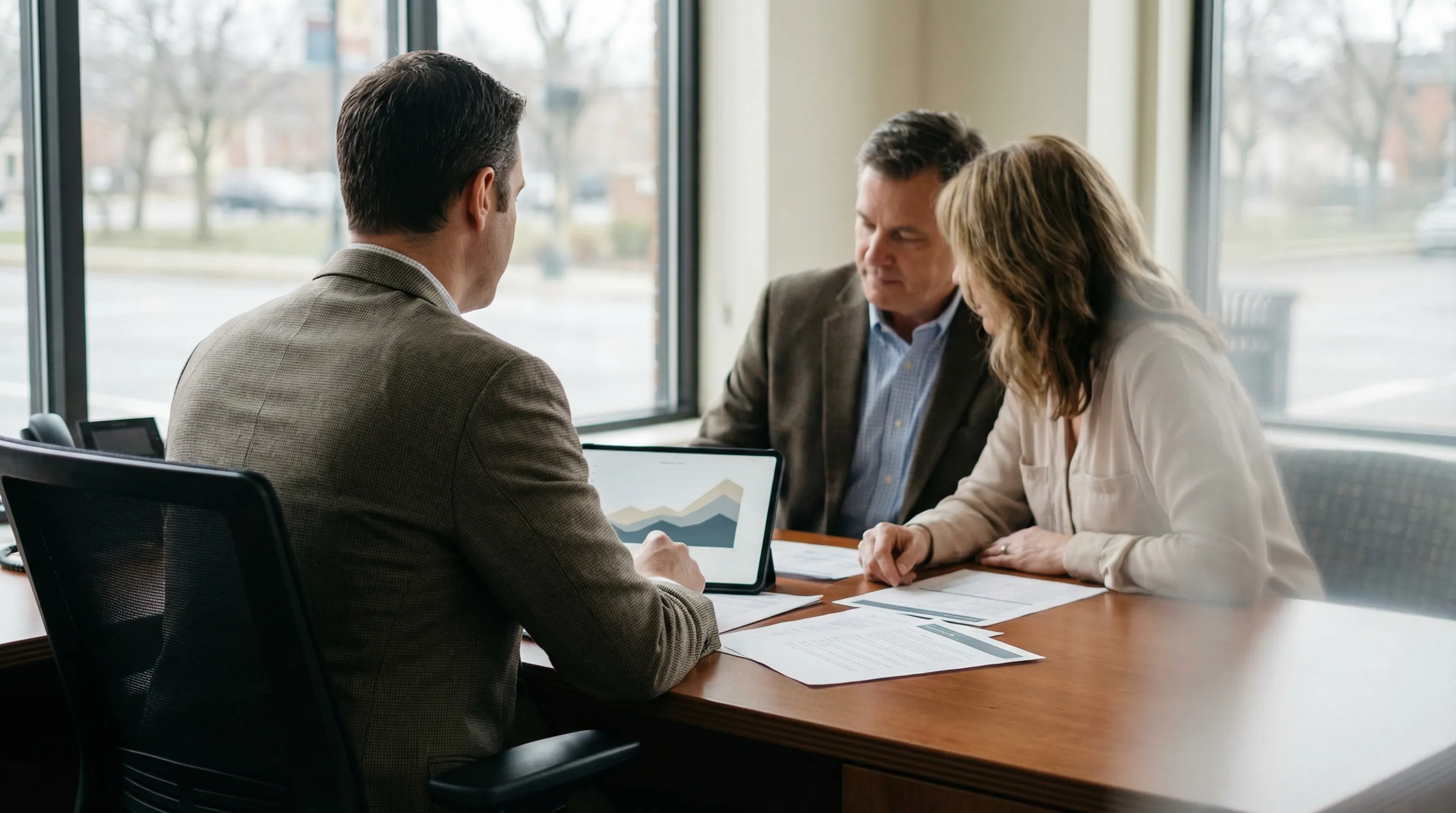 Financial advisor reviewing retirement planning charts with a professional couple in a modern Monroe County office, Rochester, NY