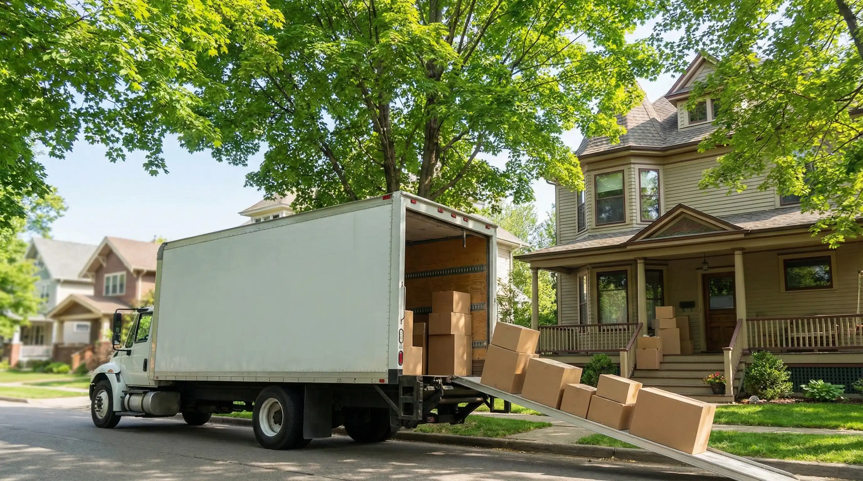 Moving truck parked on a tree-lined Rochester residential street in late August with uniformed movers loading boxes, Monroe County, NY