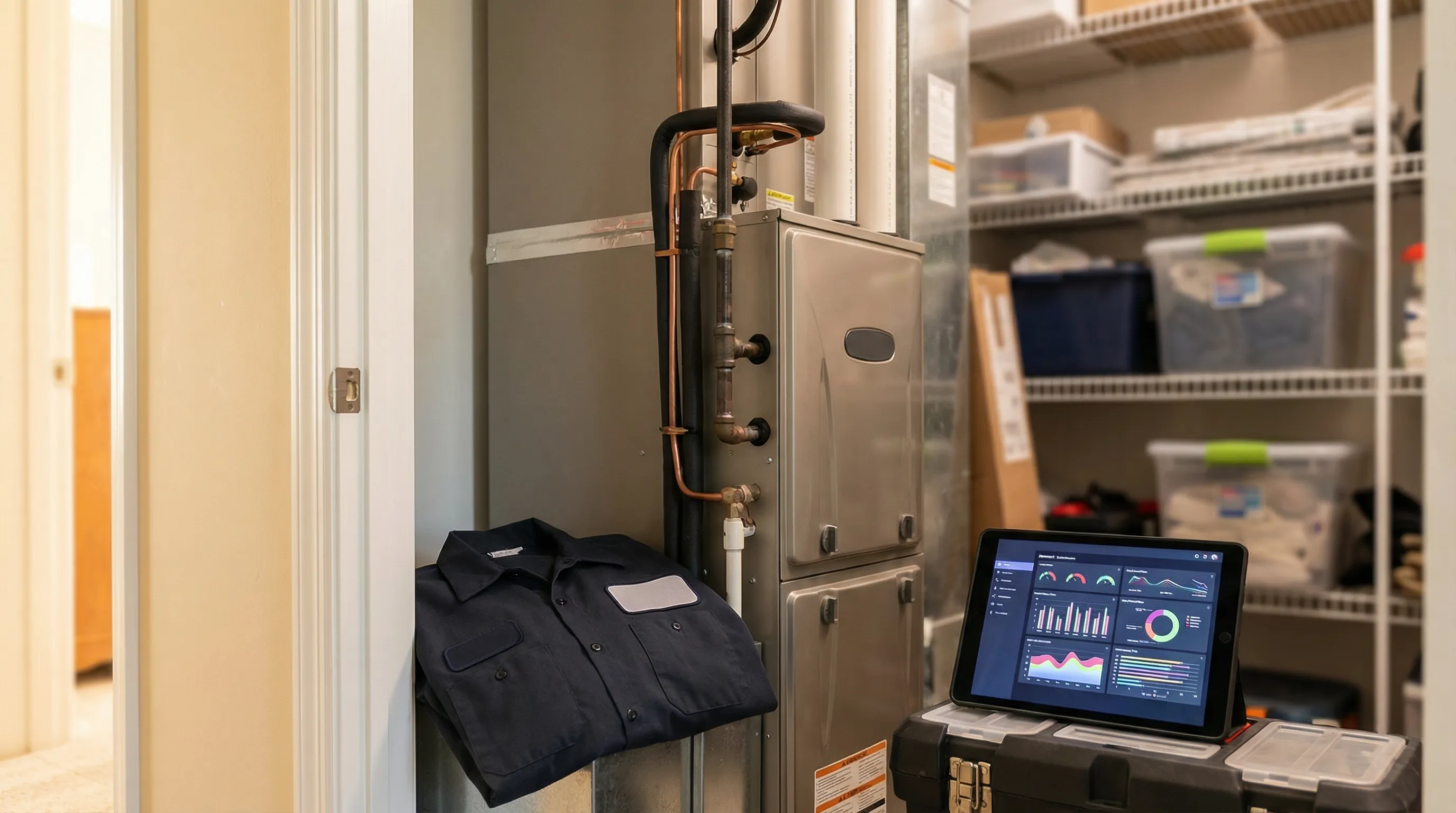 Professional HVAC technician servicing an air conditioning unit outside a residential home in Fayetteville, NC
