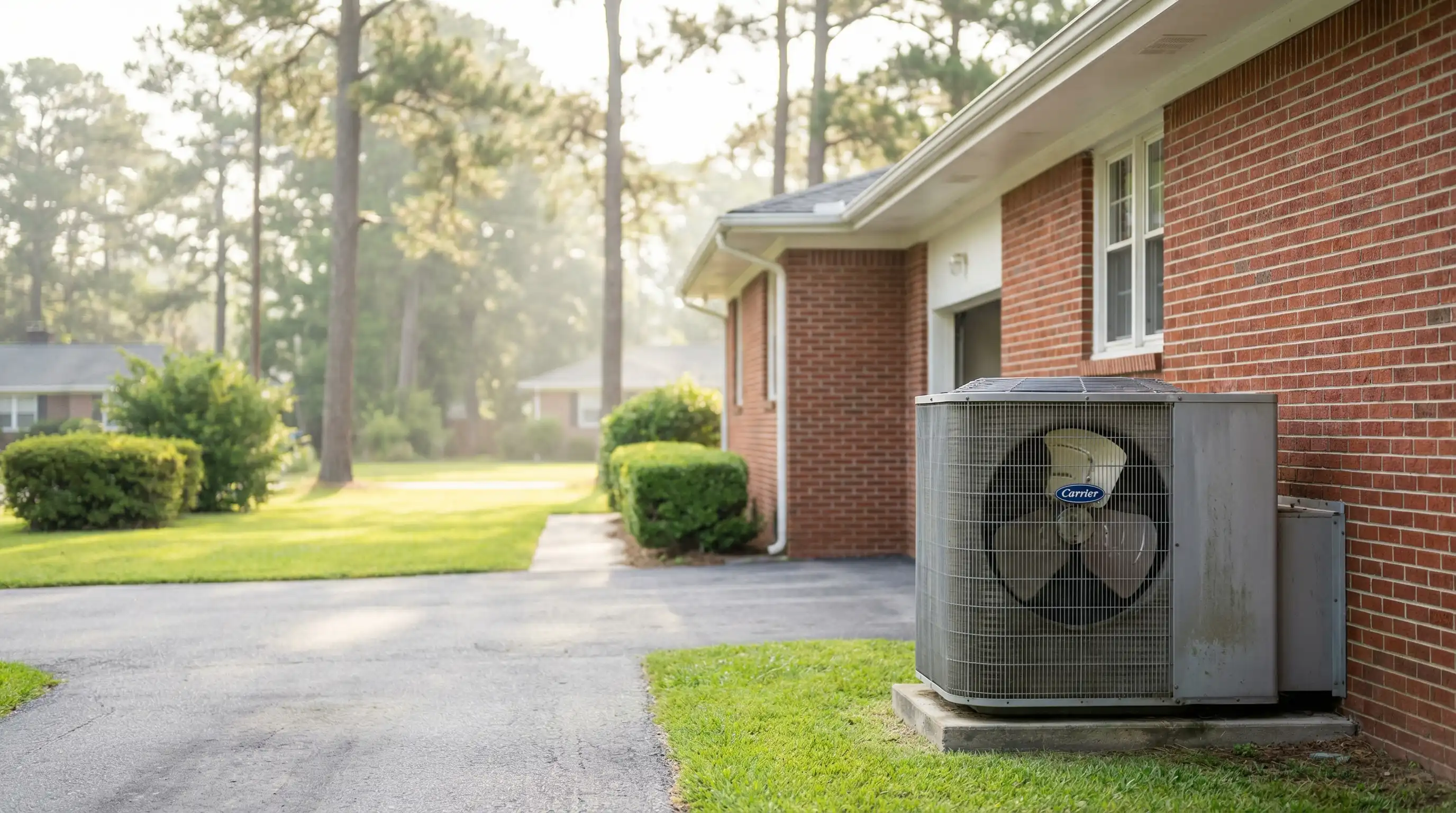 Professional HVAC technician servicing an air conditioning unit outside a residential home in Fayetteville, NC