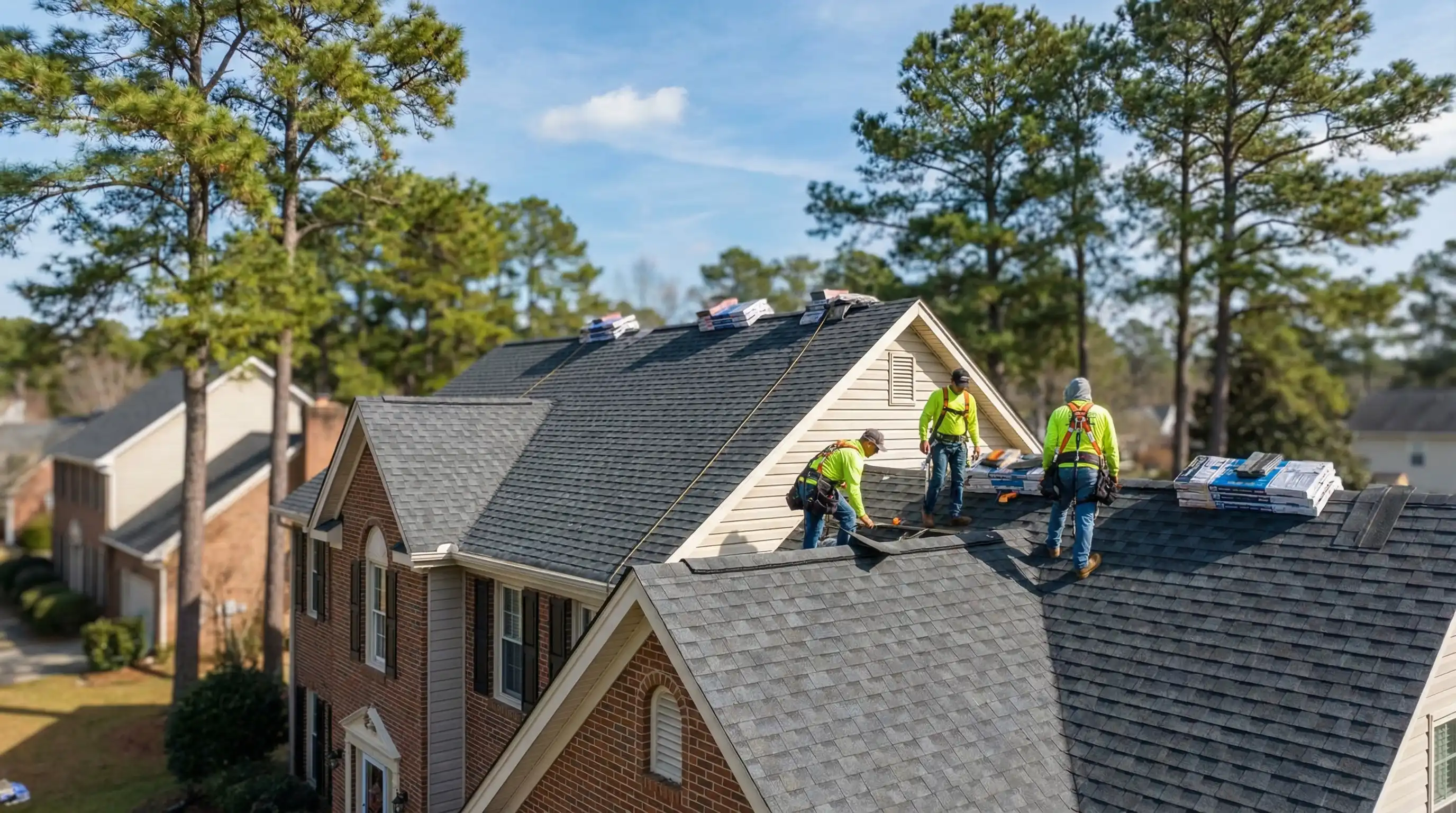 Professional roofing contractor inspecting residential roof in Fayetteville, NC neighborhood near Fort Liberty