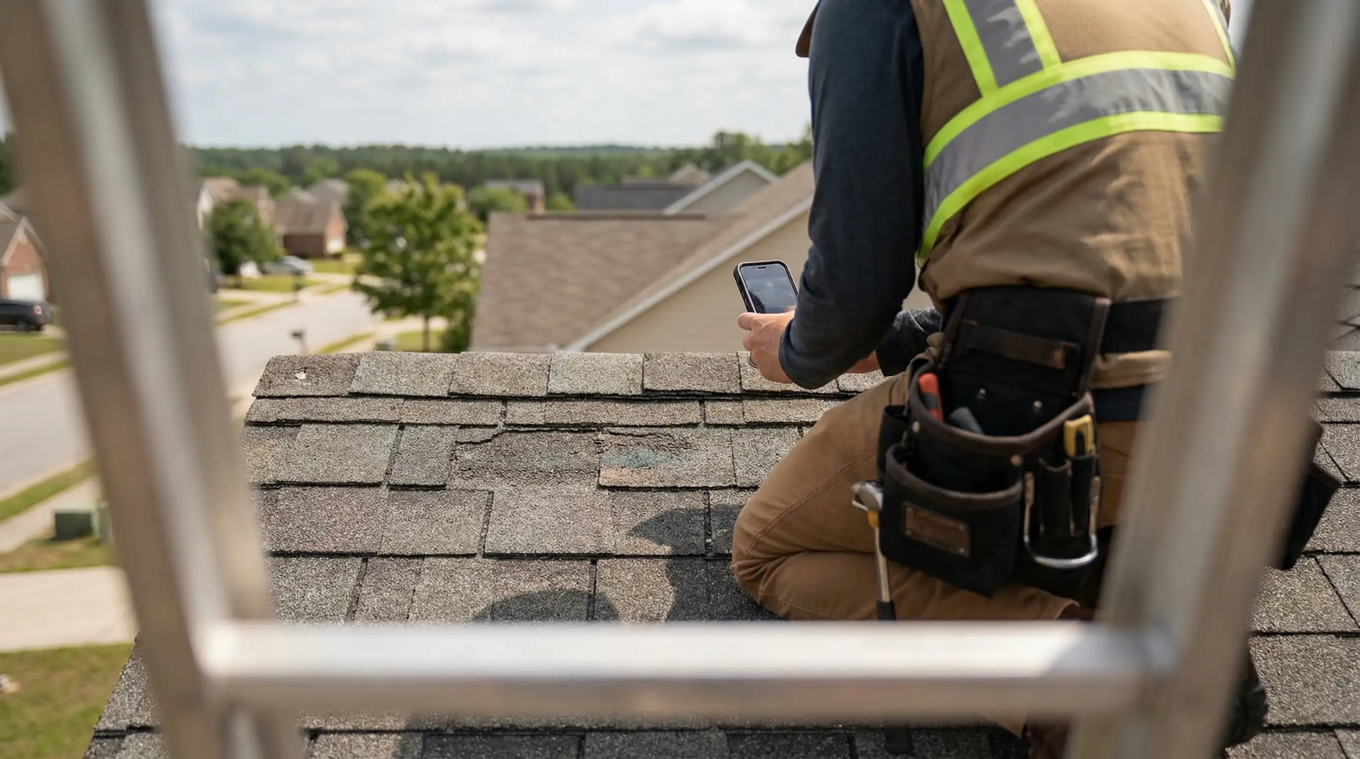 Professional roofing contractor inspecting residential roof in Fayetteville, NC neighborhood near Fort Liberty