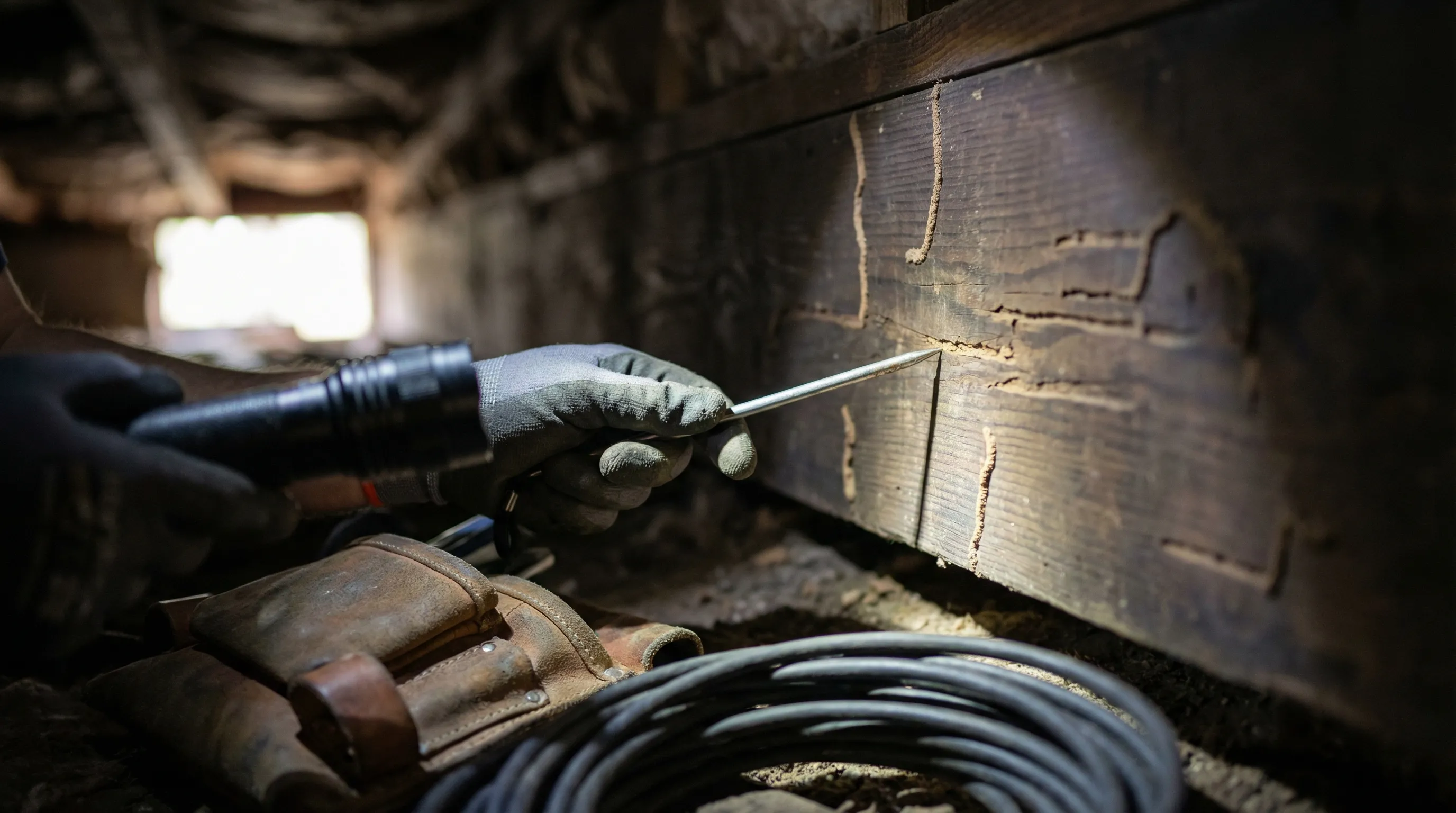 Pest control technician performing termite inspection in crawl space of residential home in Fayetteville, NC
